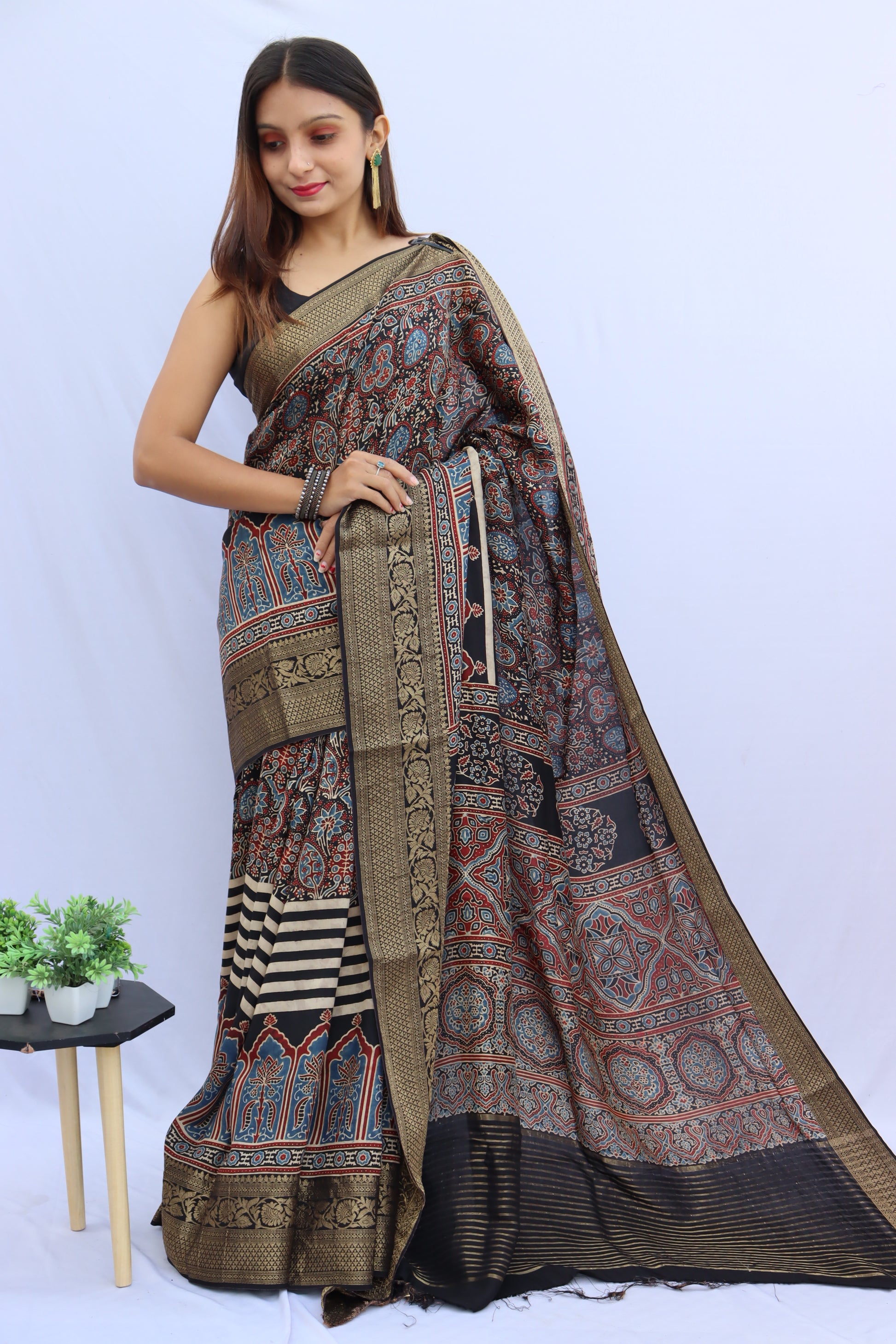 Ajrakh Dola Silk Saree