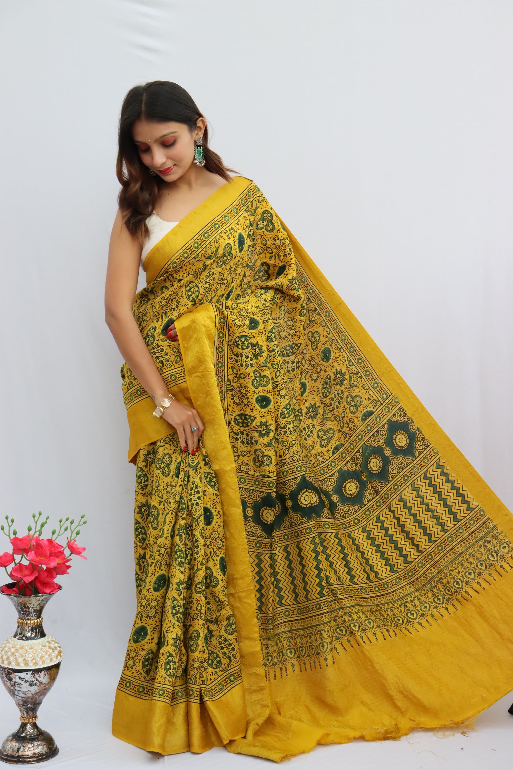 Ajrakh Dola Silk Saree