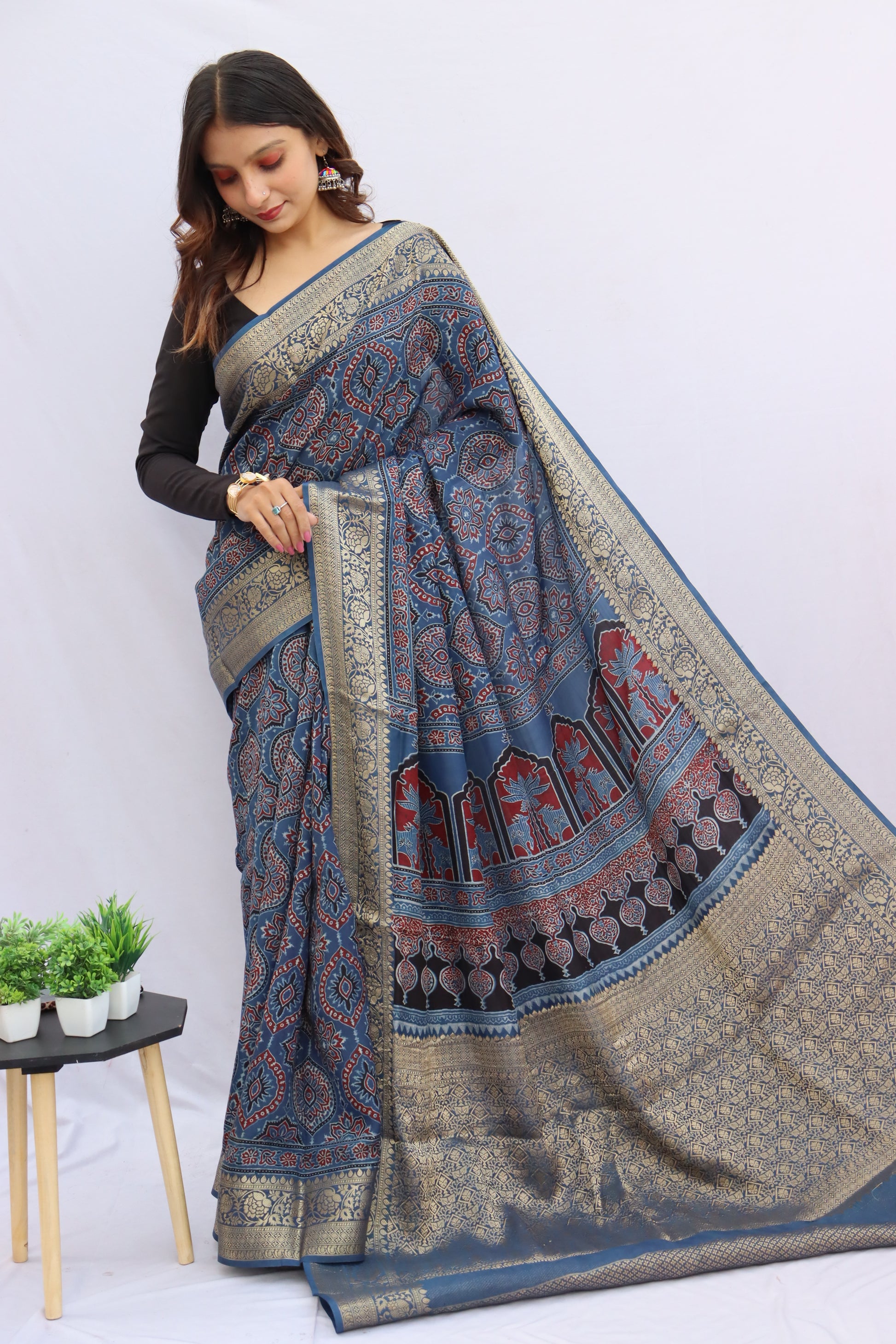 Ajrakh Rich Dola Silk Saree