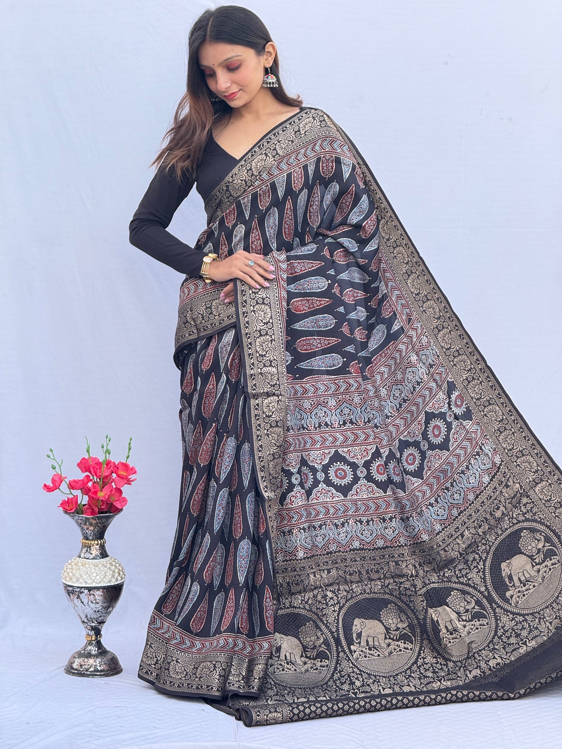 Ajrakh Rich Dola Silk Saree