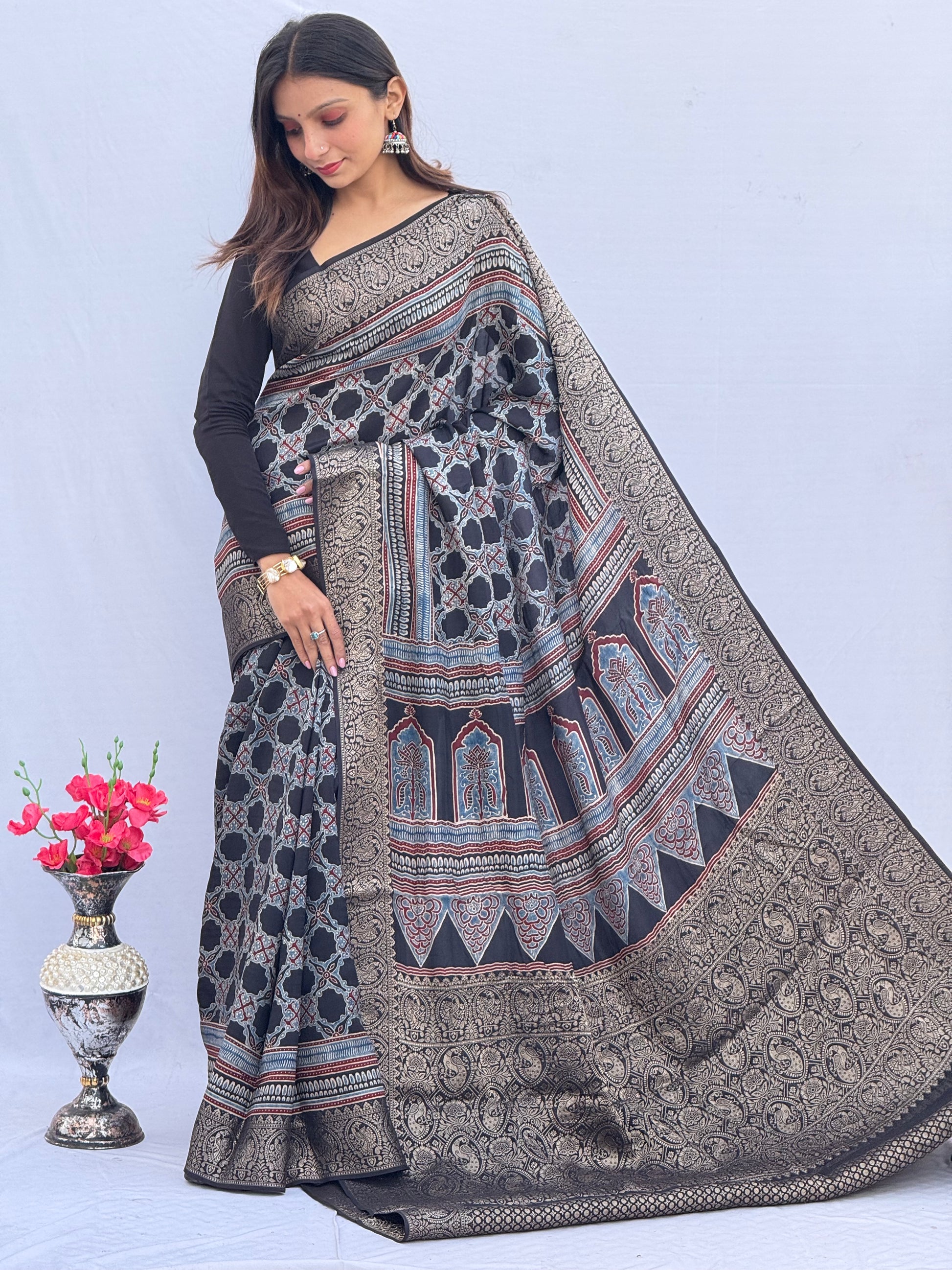 Ajrakh Rich Dola Silk Saree