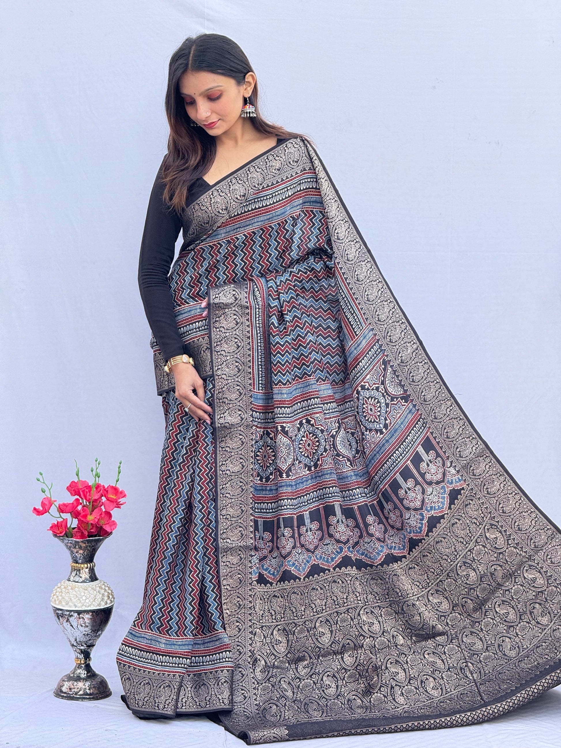 Ajrakh Rich Dola Silk Saree