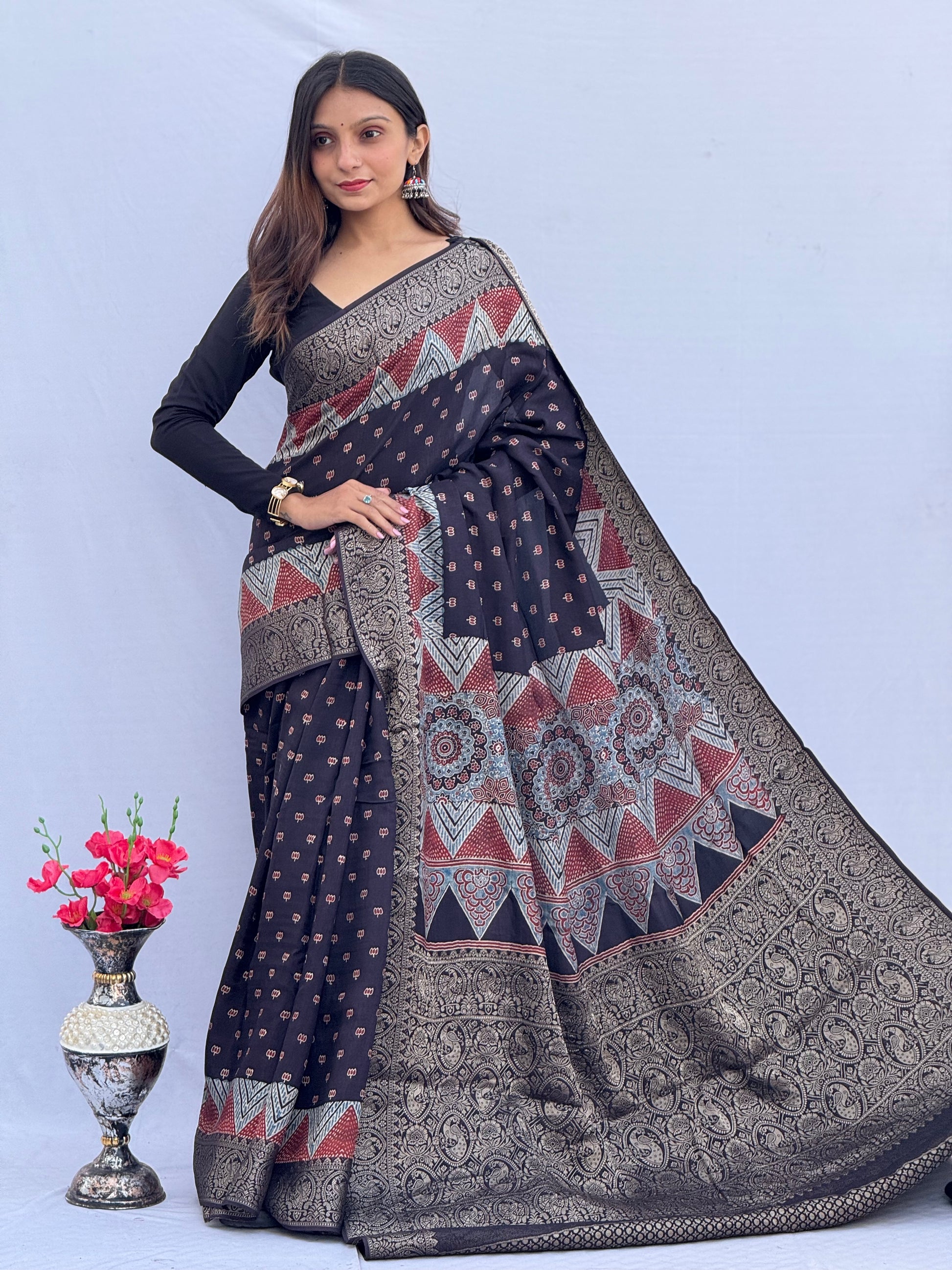 Ajrakh Rich Dola Silk Saree