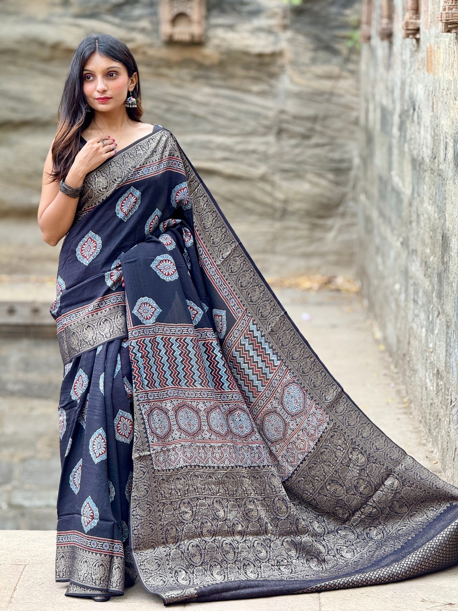 Ajrakh Rich Dola Silk Saree