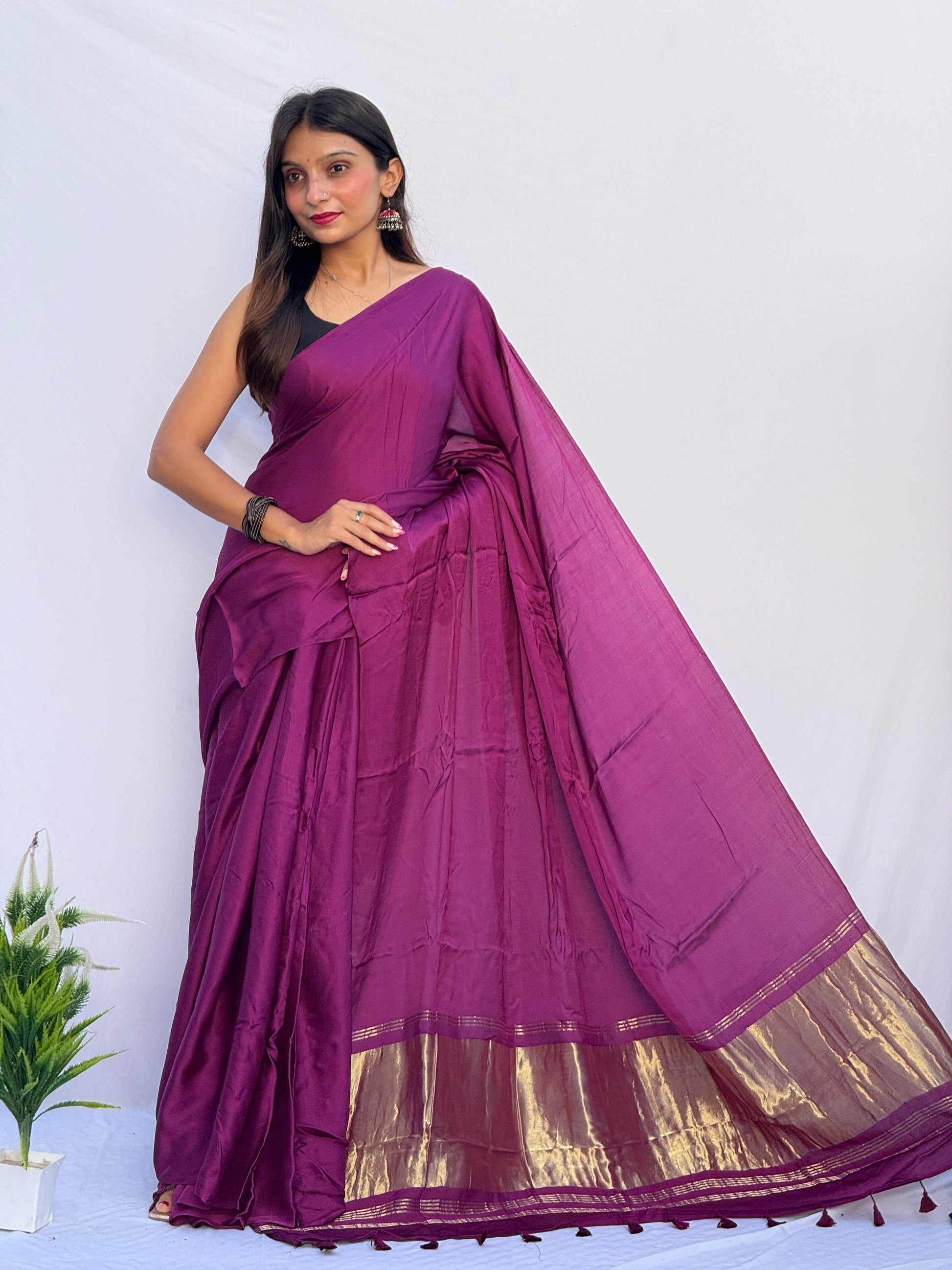 Plain Modal Silk Tissu Pallu Saree - Purple