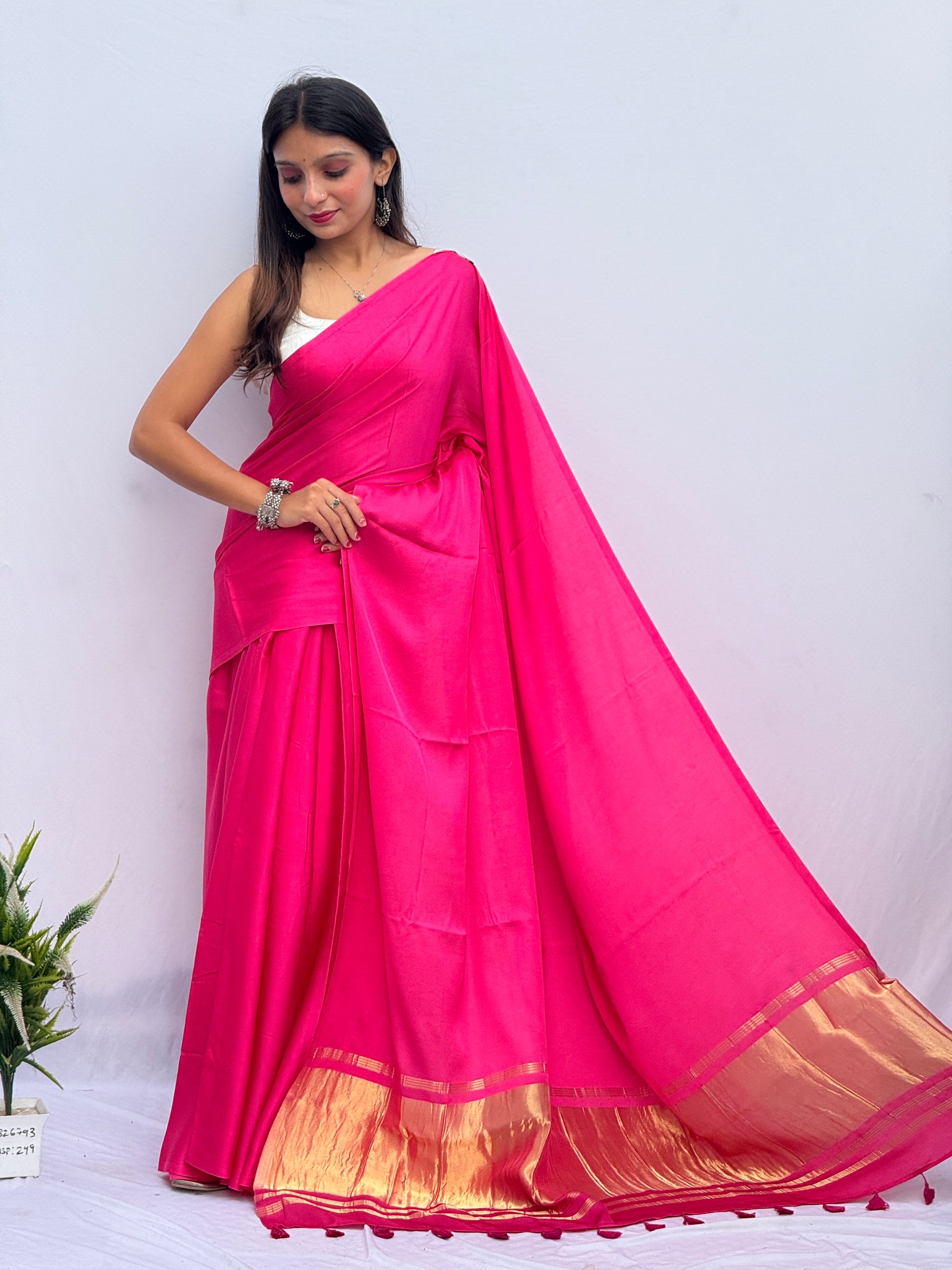 Plain Modal Silk Tissu Pallu Saree - Dark Pink