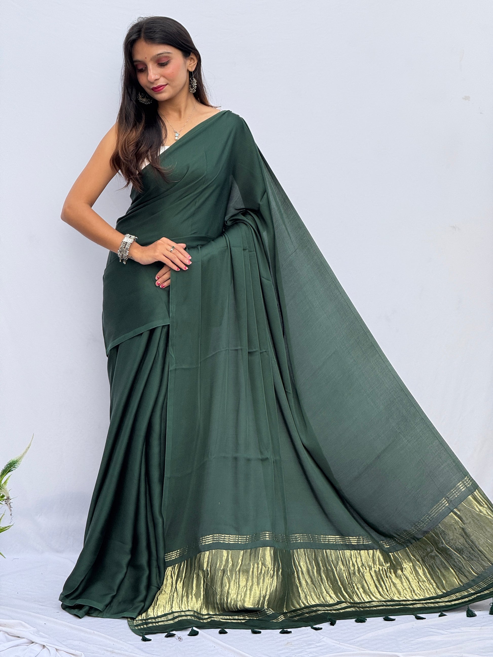 Plain Modal Silk Tissu Pallu Saree - Dark Green