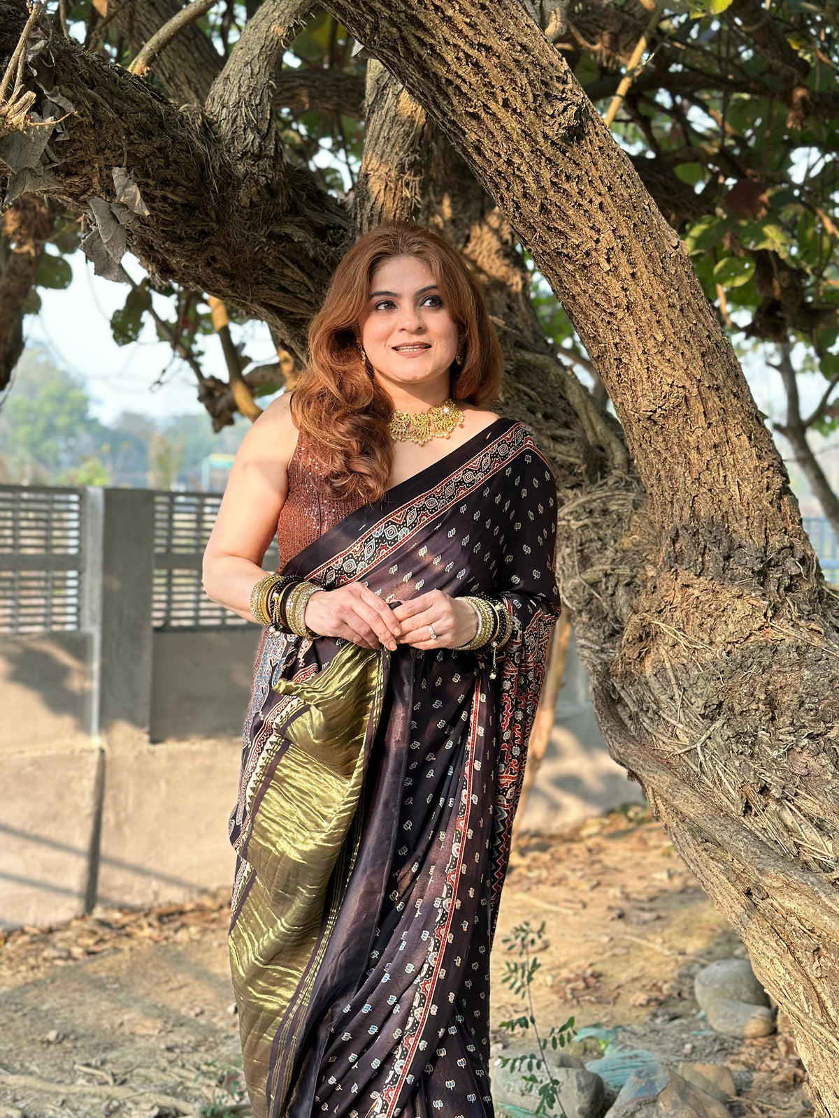 Ajrakh Modal Silk Lagdi Patta Saree