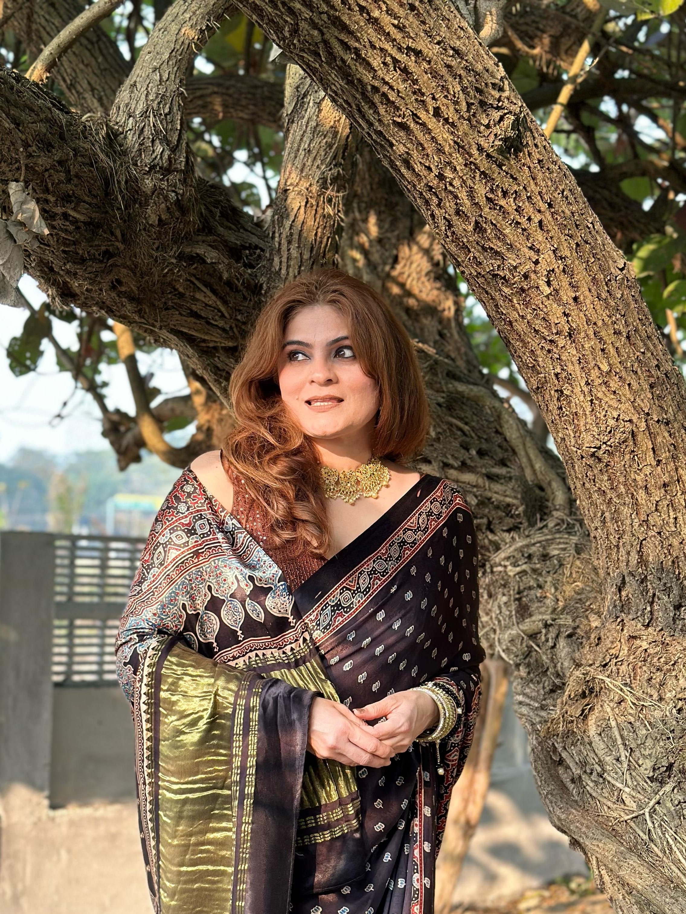 Ajrakh Modal Silk Lagdi Patta Saree