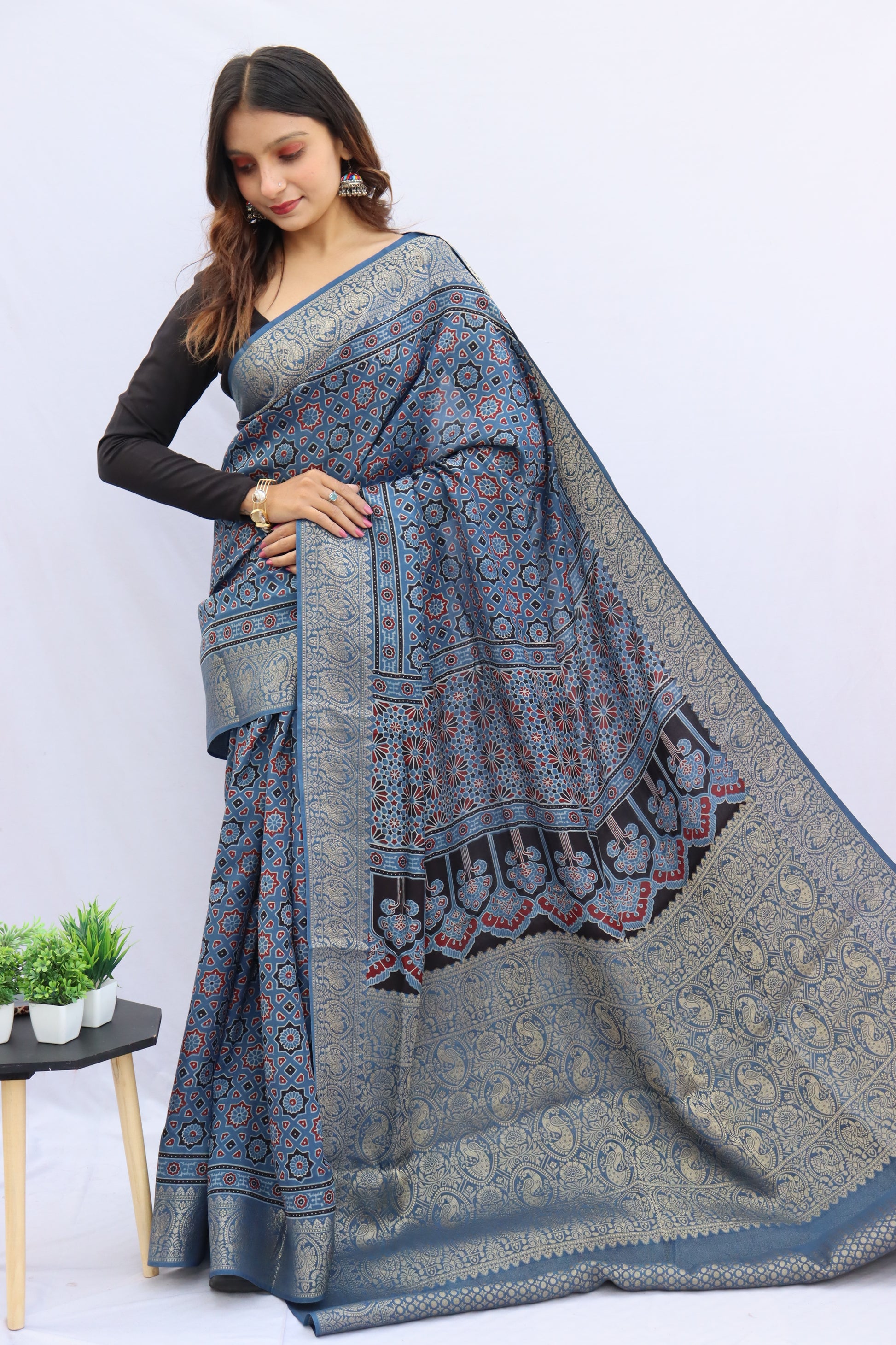 Ajrakh Rich Dola Silk Saree