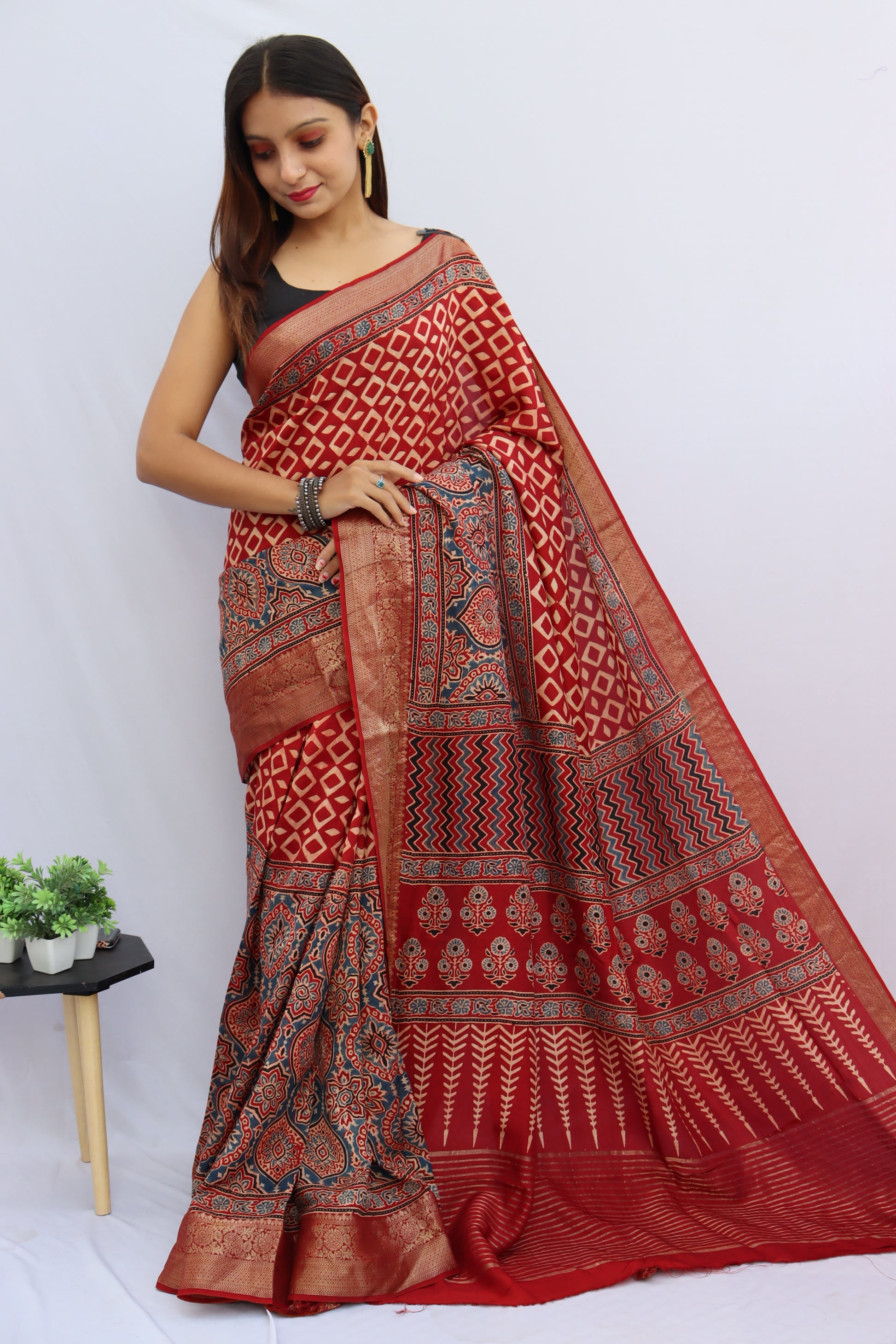 Ajrakh Dola Silk Saree