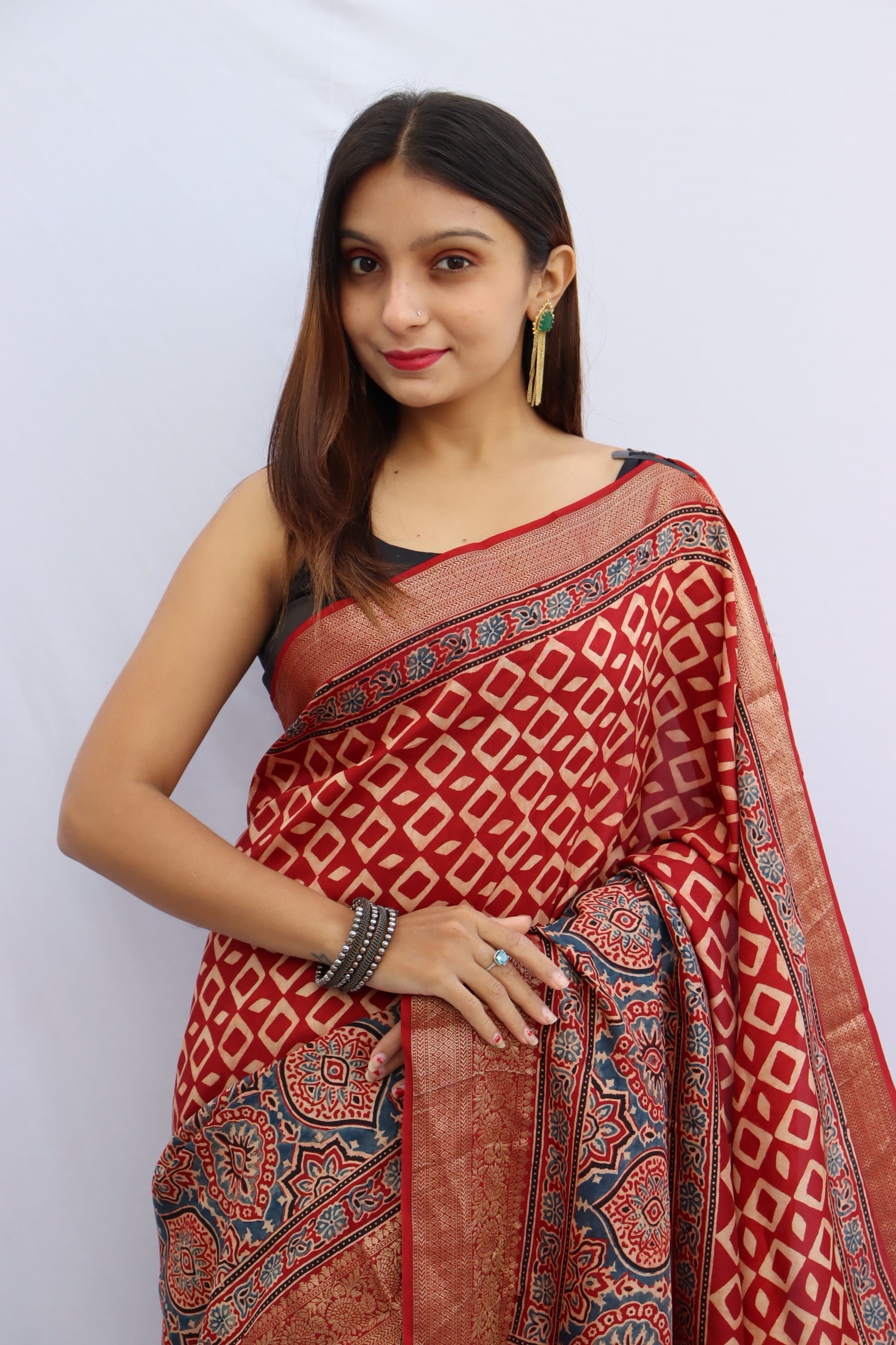 Ajrakh Dola Silk Saree