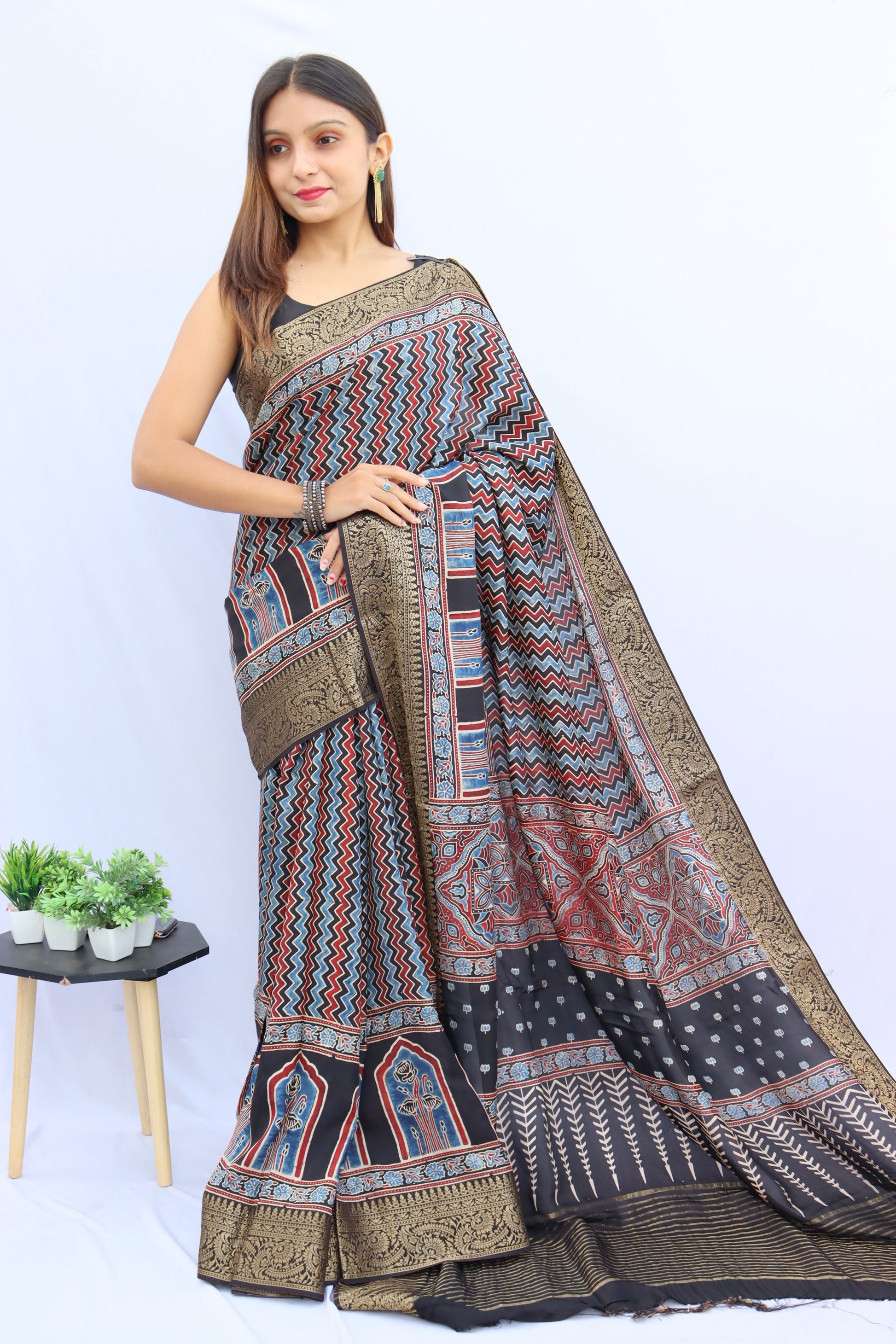 Ajrakh Dola Silk Saree