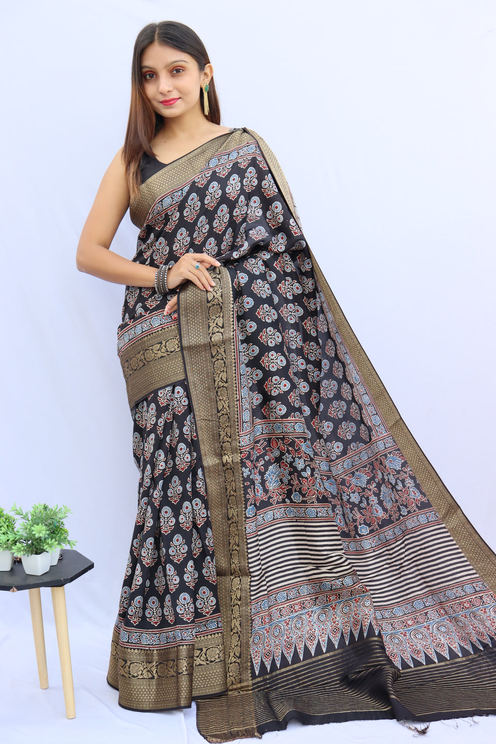 Ajrakh Dola Silk Saree
