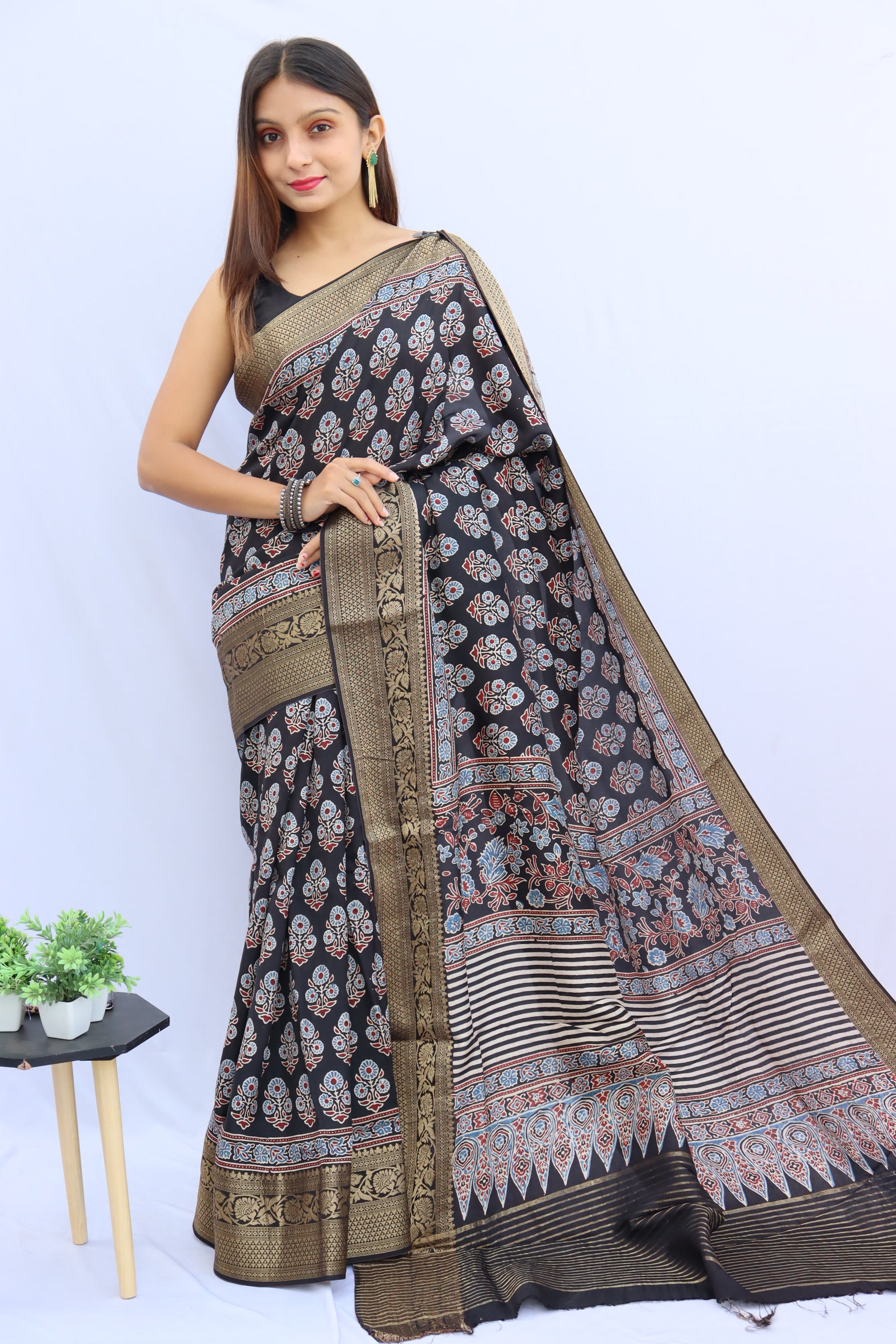 Ajrakh Dola Silk Saree