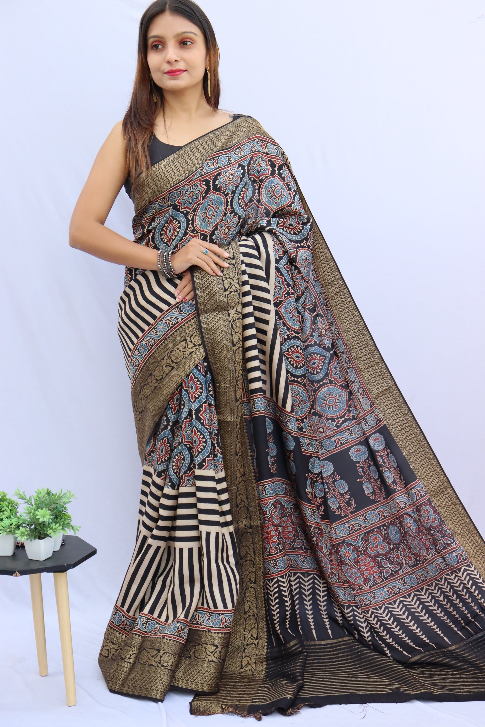 Ajrakh Dola Silk Saree