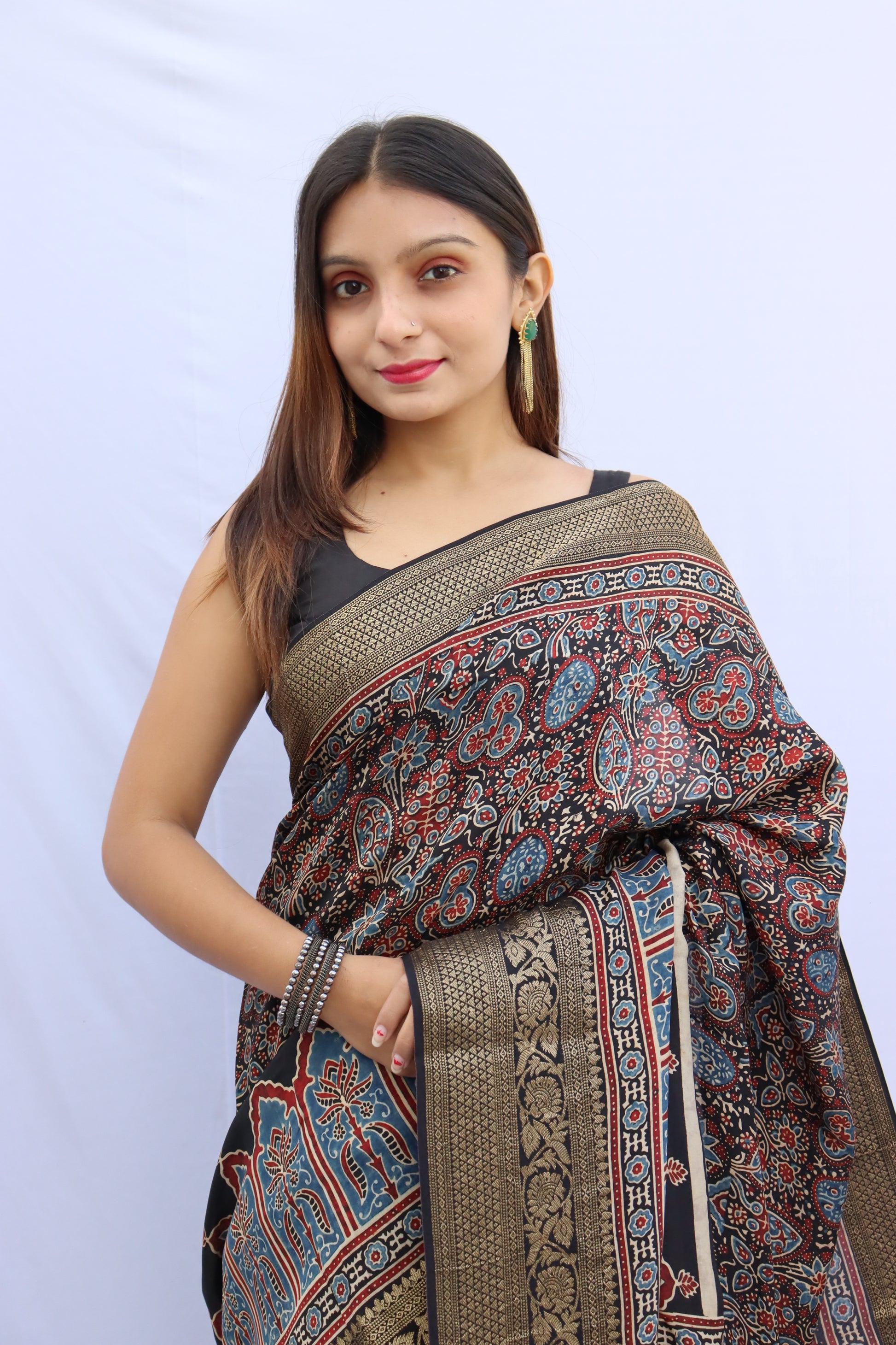 Ajrakh Dola Silk Saree