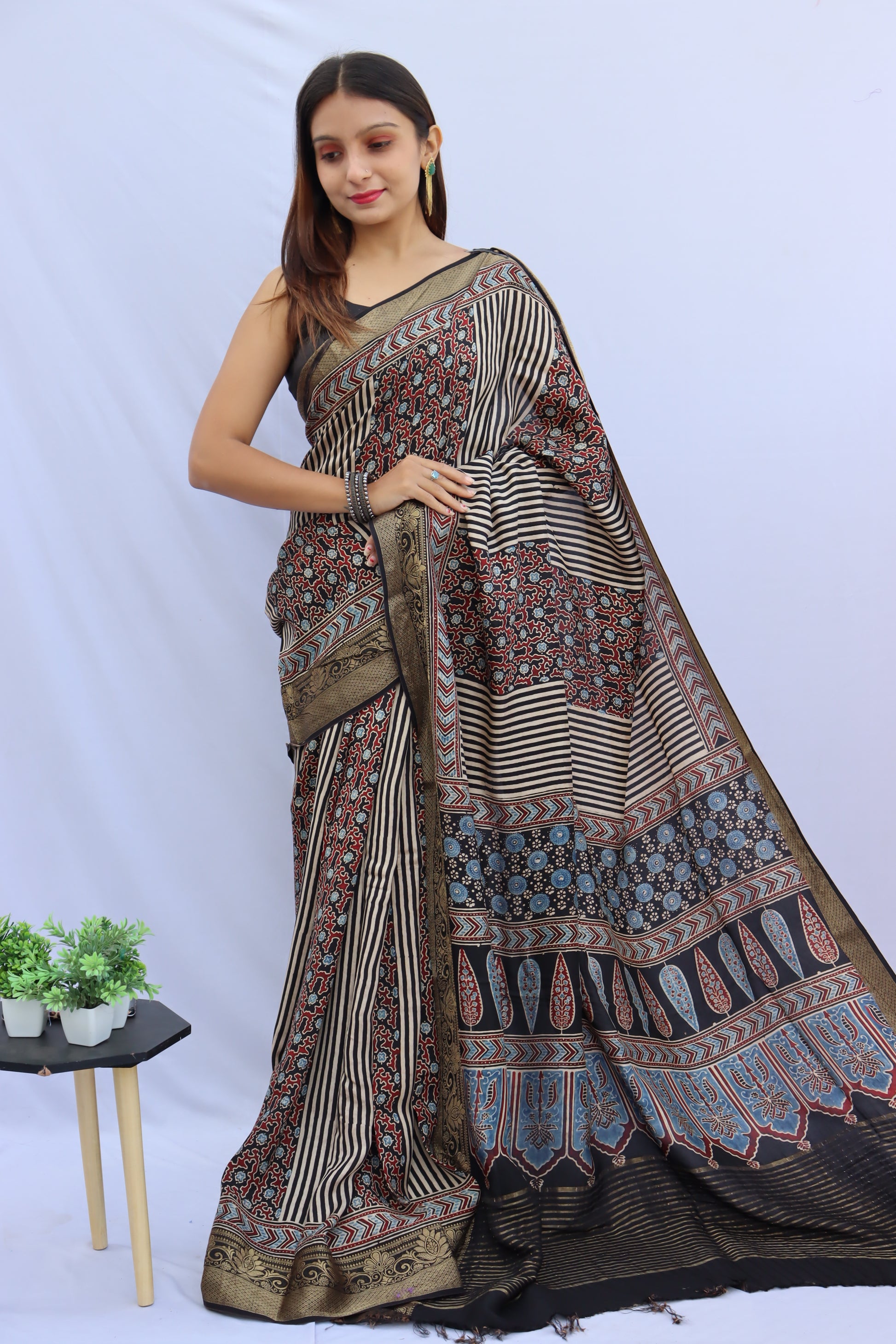 Ajrakh Dola Silk Saree