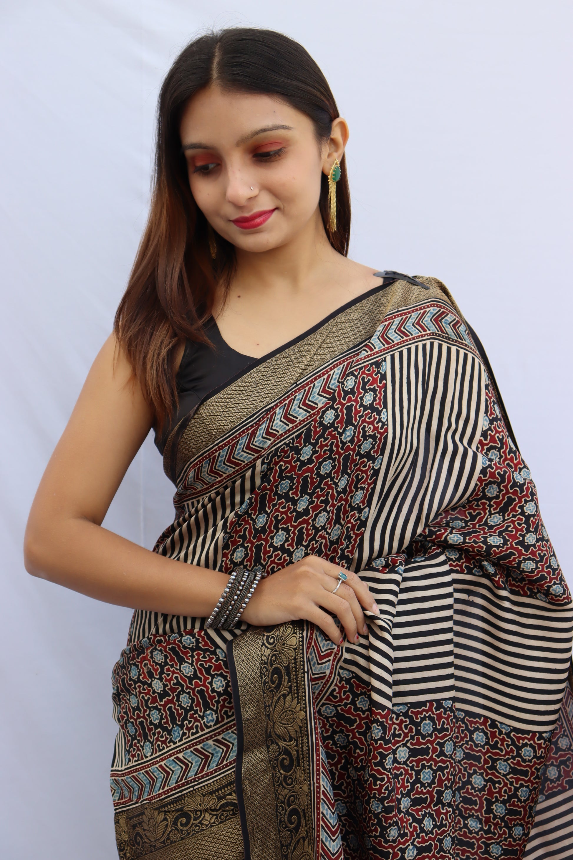 Ajrakh Dola Silk Saree