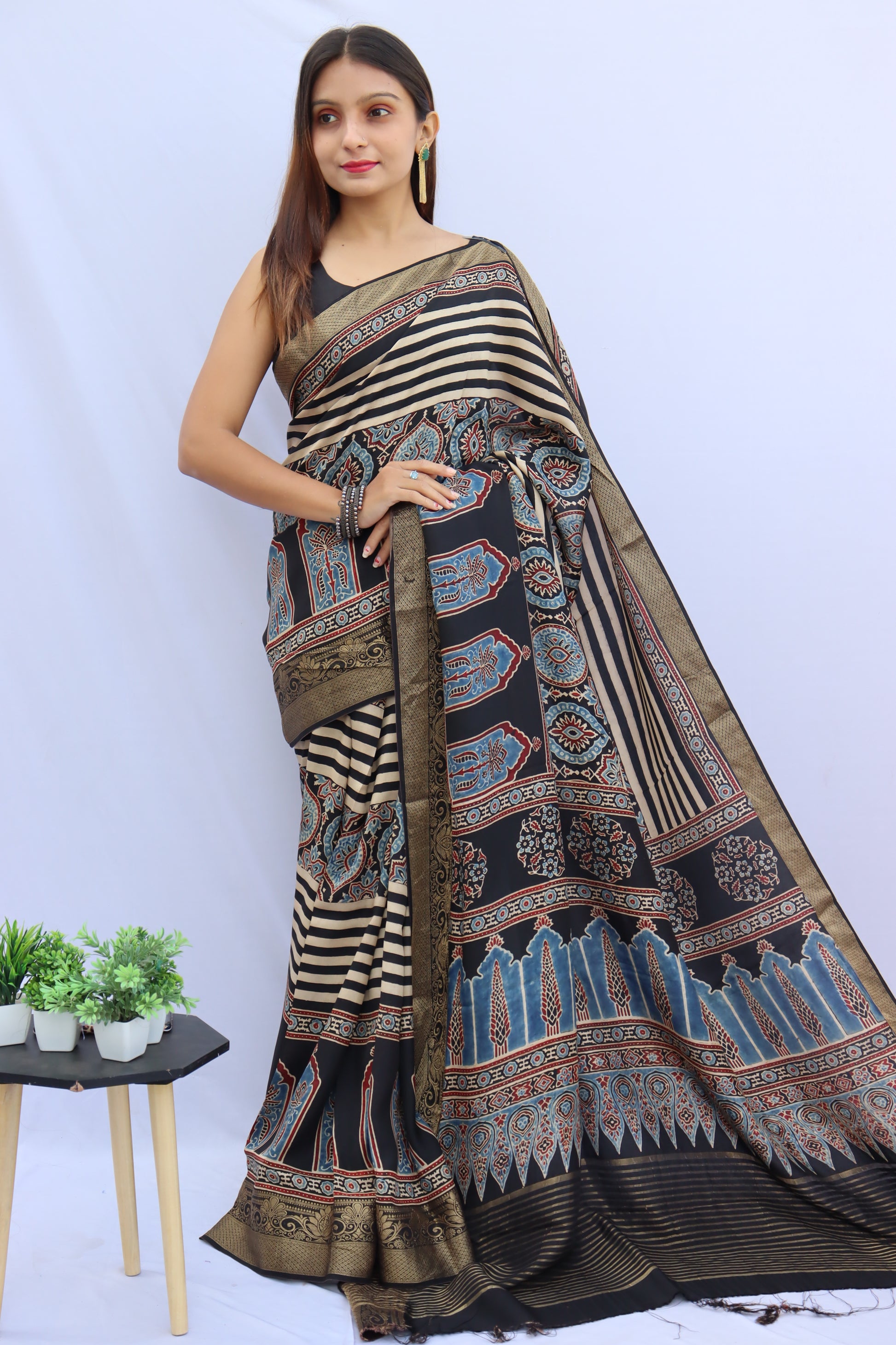 Ajrakh Dola Silk Saree