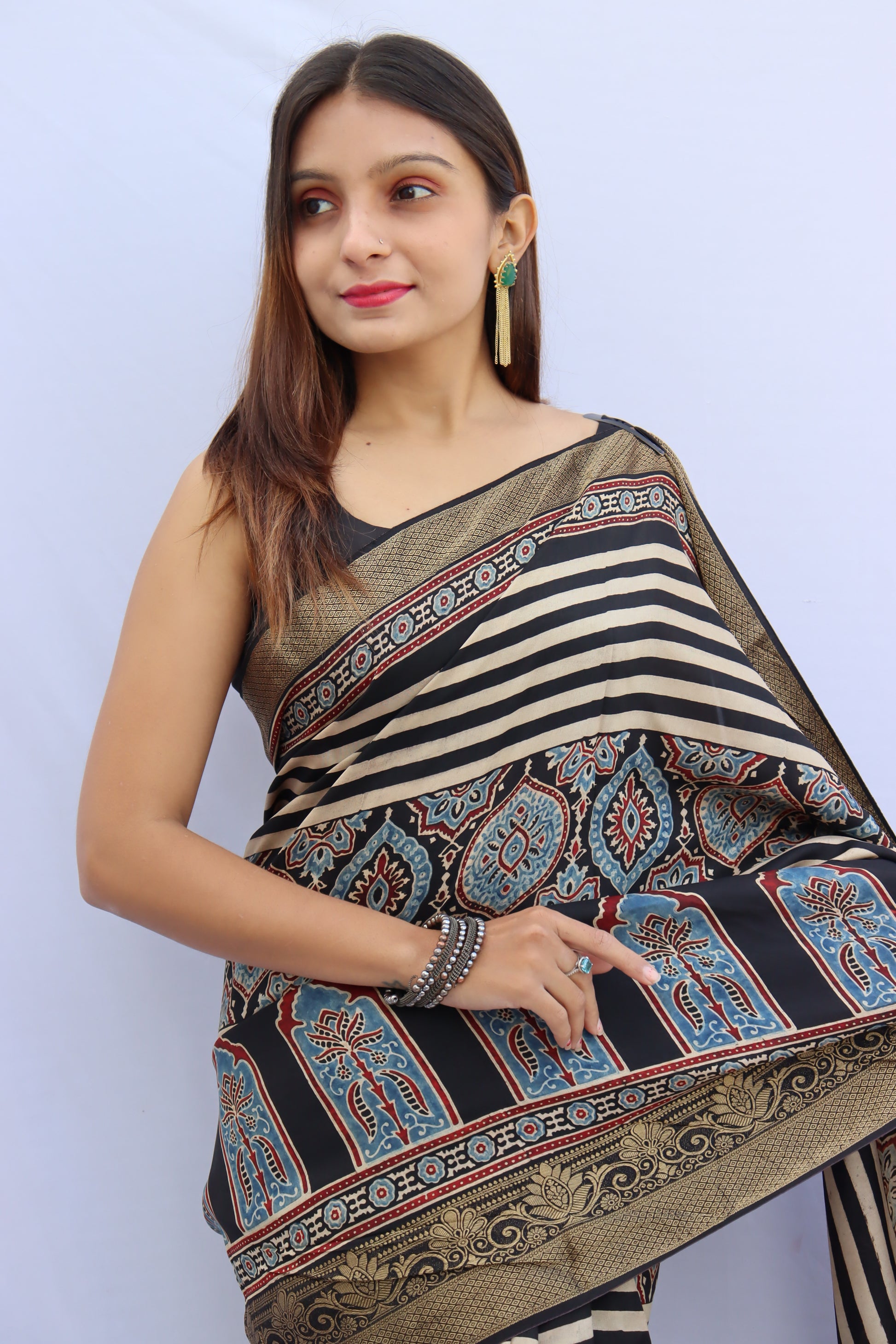 Ajrakh Dola Silk Saree