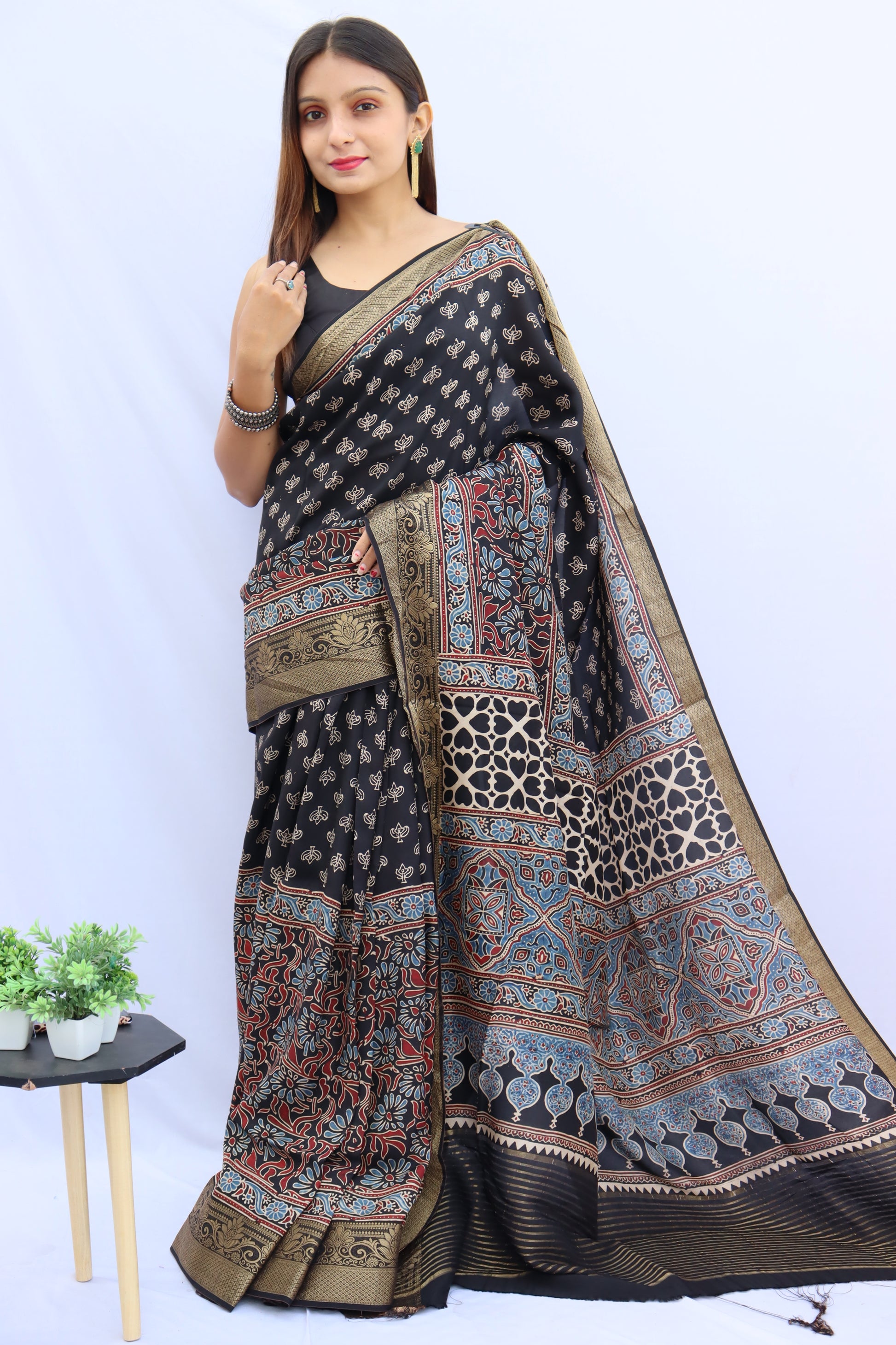 Ajrakh Dola Silk Saree
