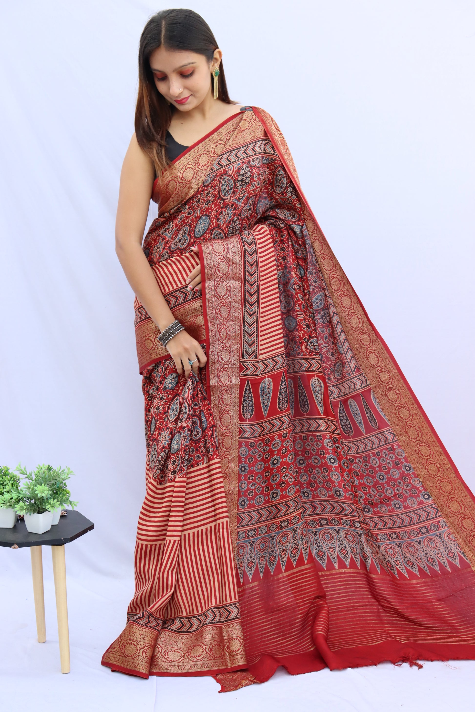 Ajrakh Dola Silk Saree
