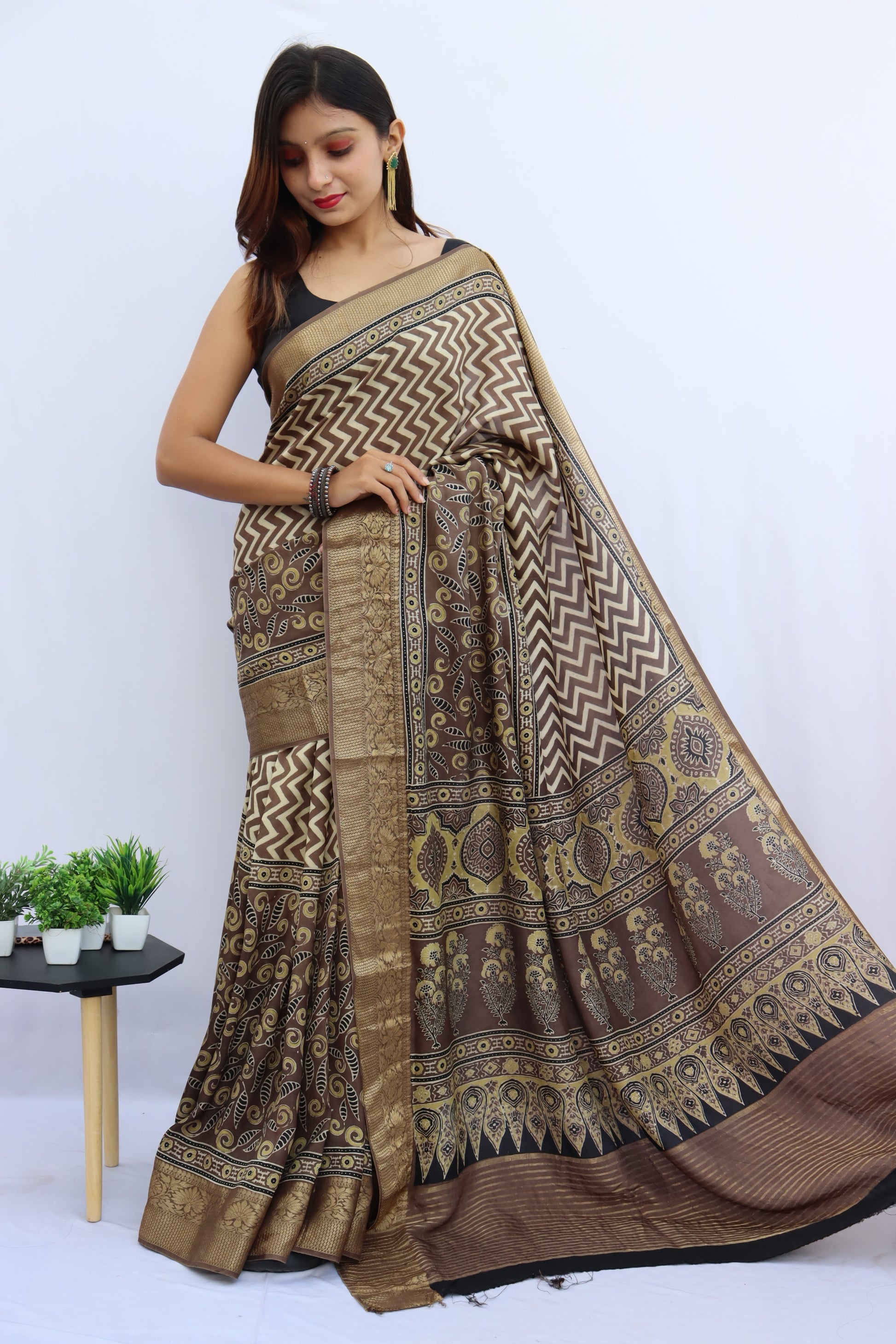 Ajrakh Dola Silk Saree