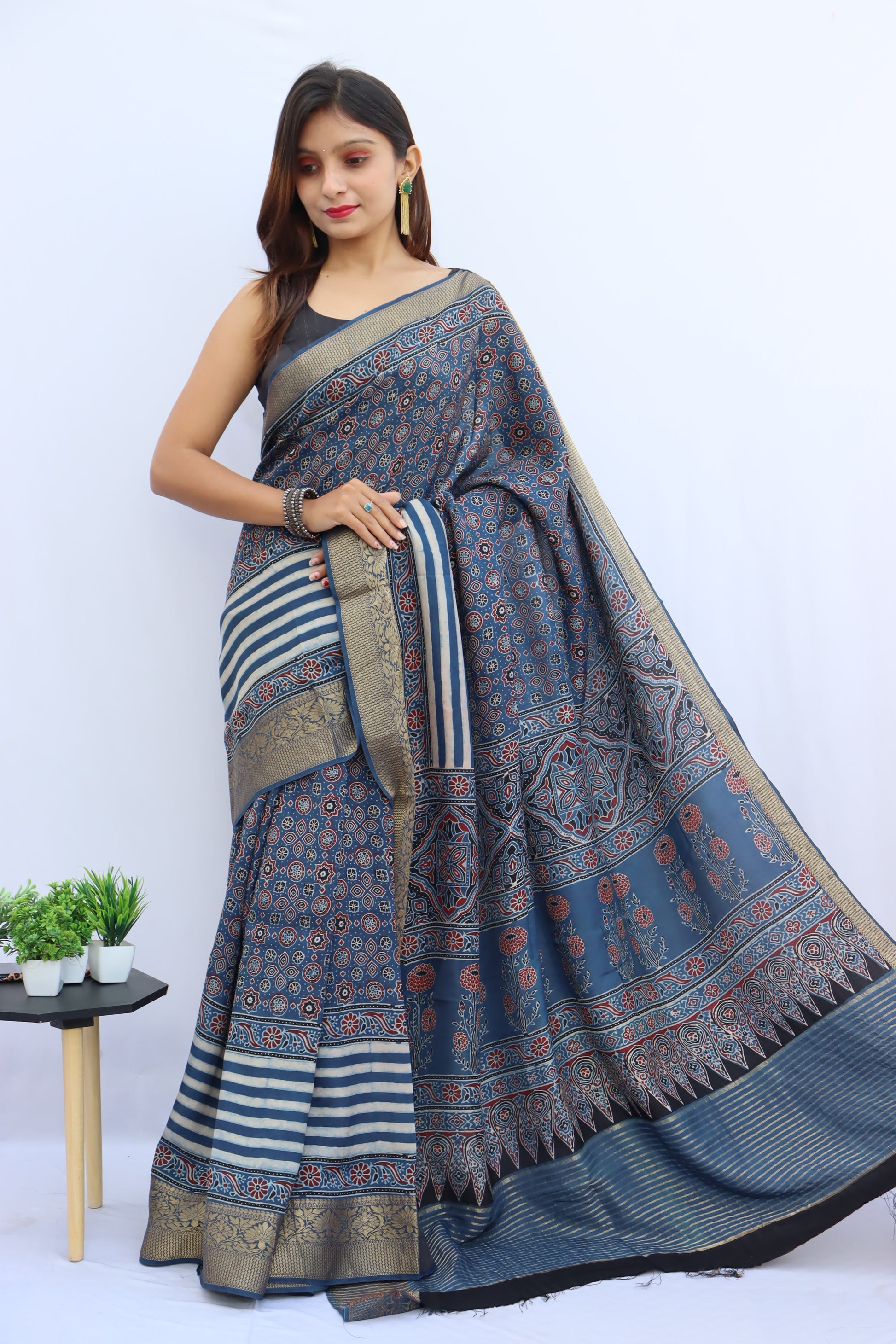 Ajrakh Dola Silk Saree