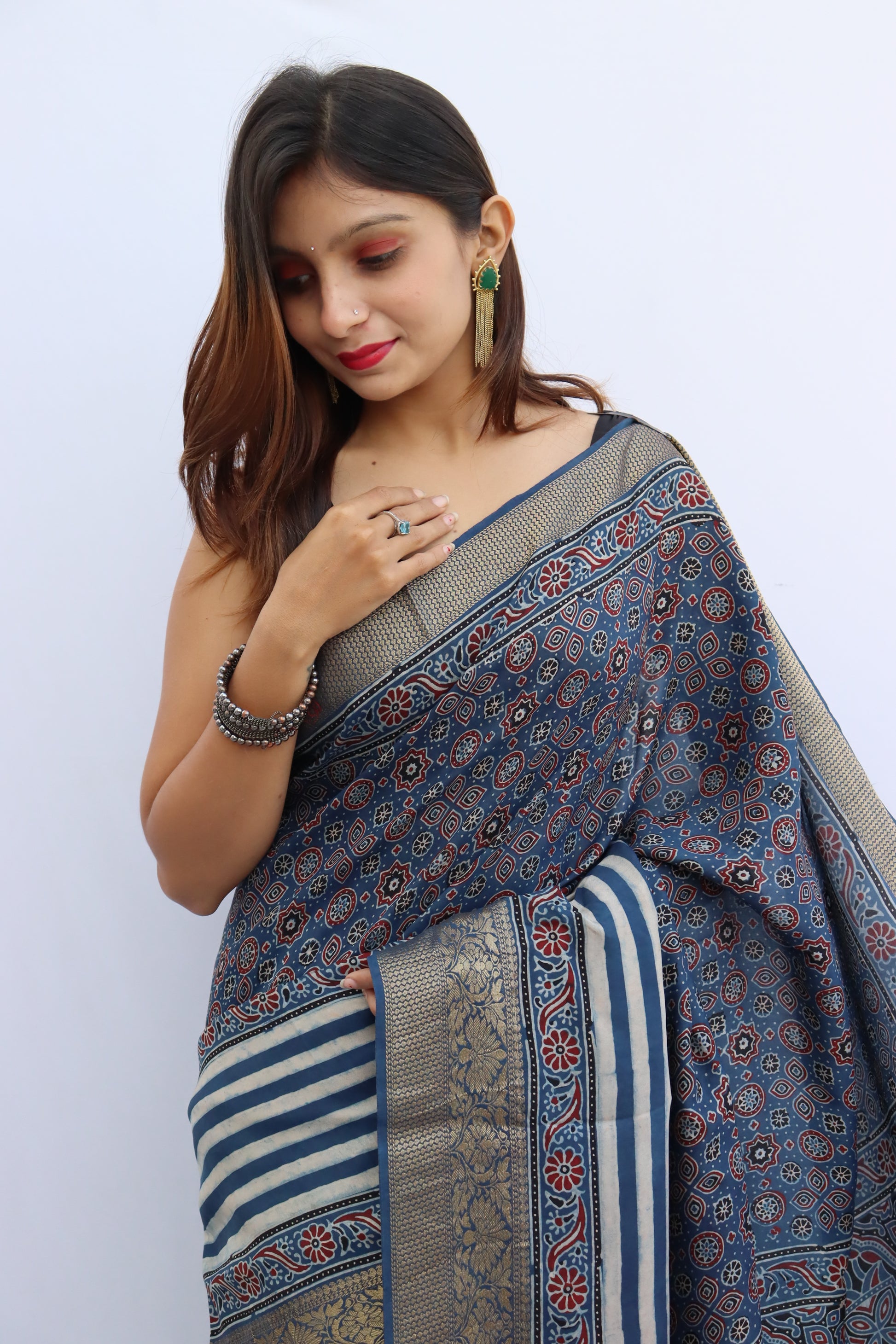 Ajrakh Dola Silk Saree
