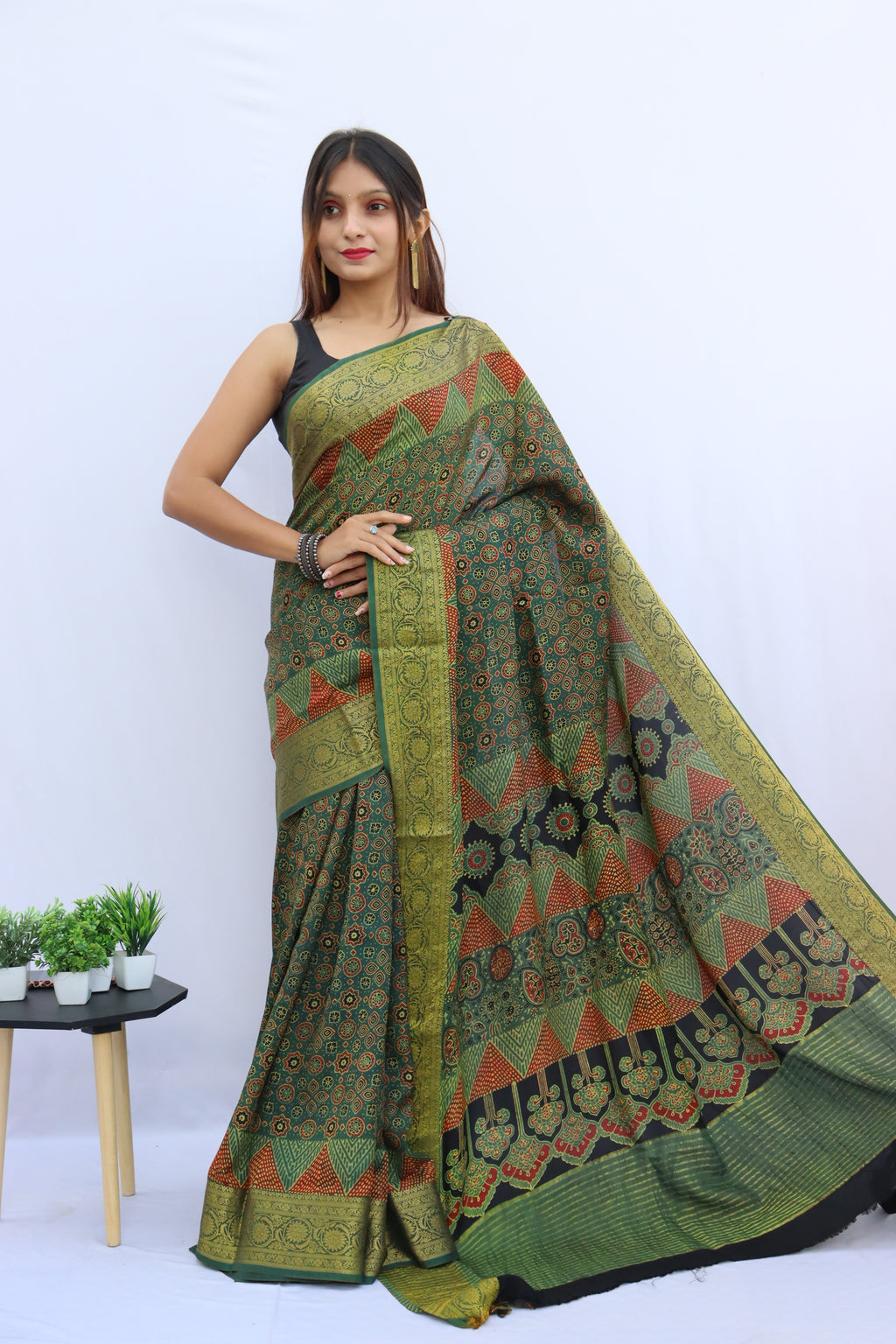 Ajrakh Dola Silk Saree
