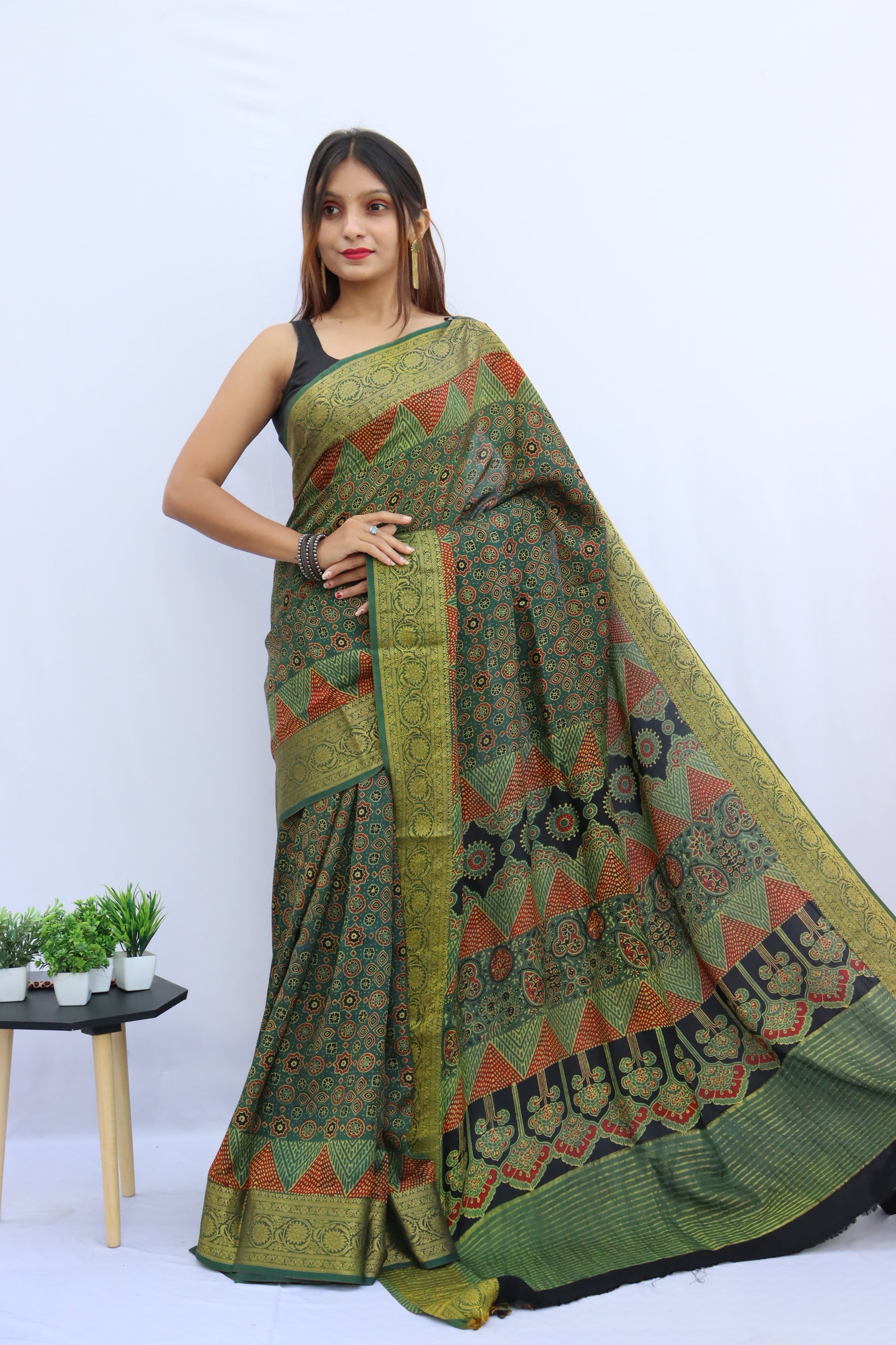 Ajrakh Dola Silk Saree