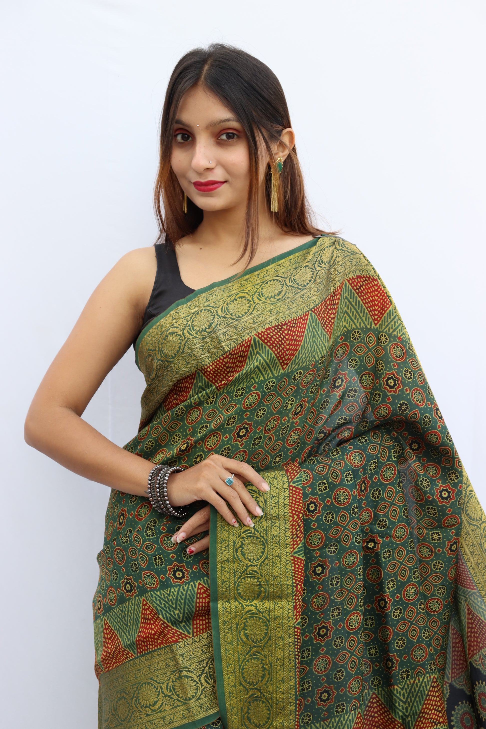 Ajrakh Dola Silk Saree
