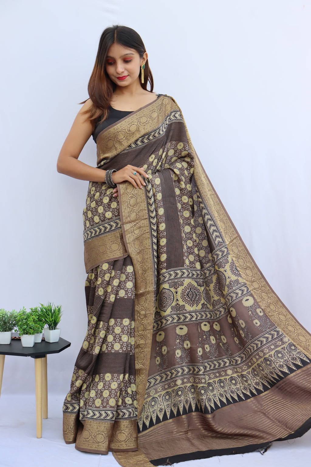 Ajrakh Dola Silk Saree
