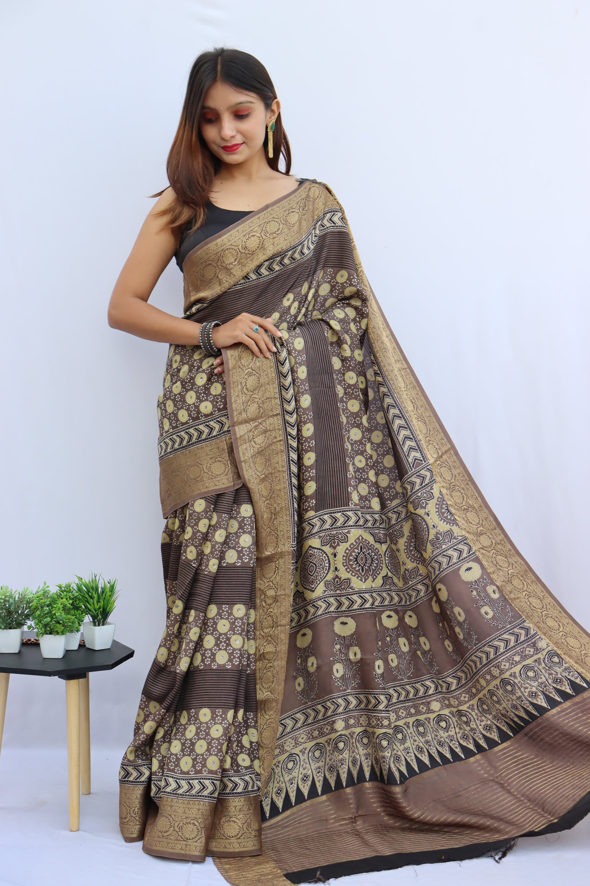 Ajrakh Dola Silk Saree