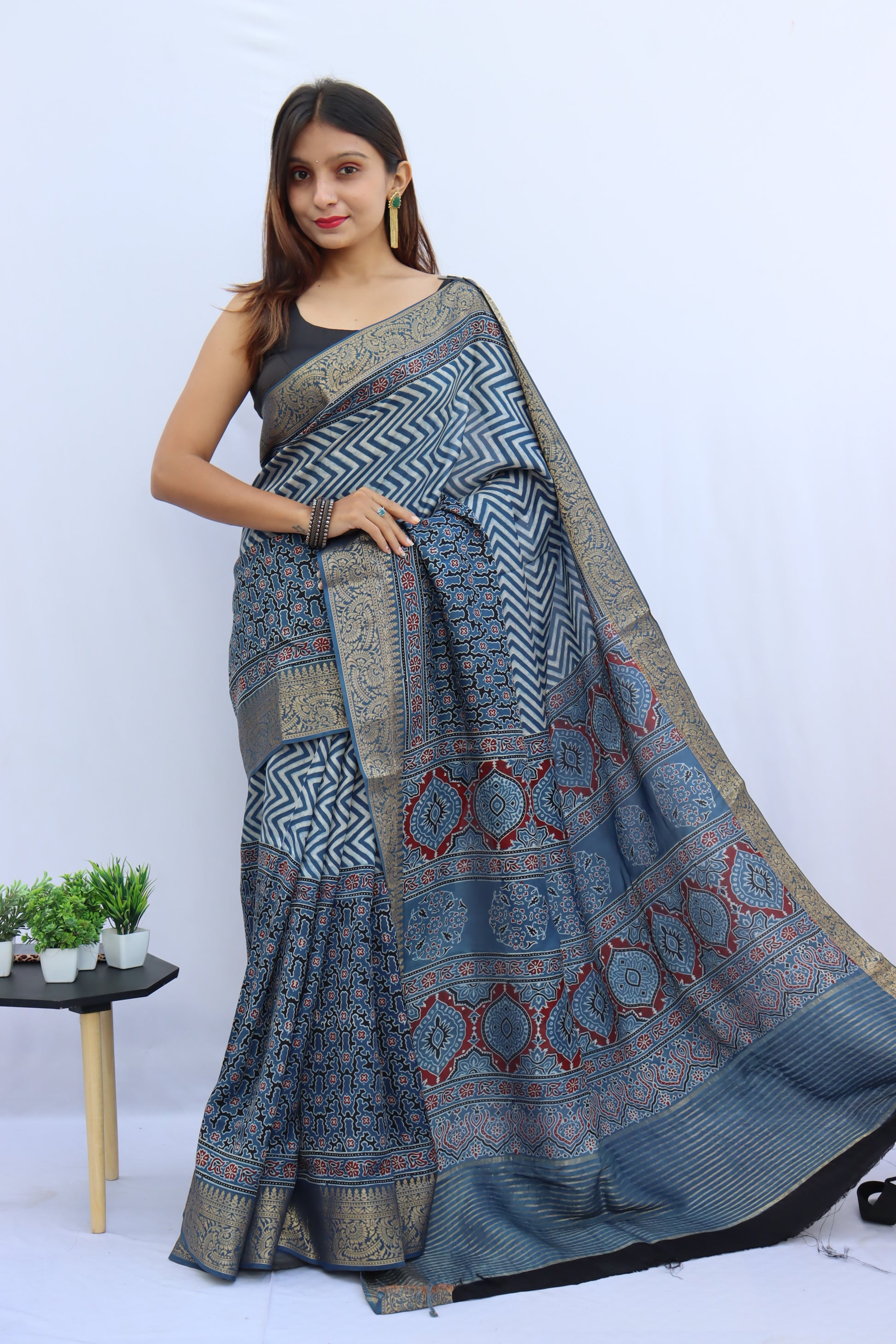 Ajrakh Dola Silk Saree