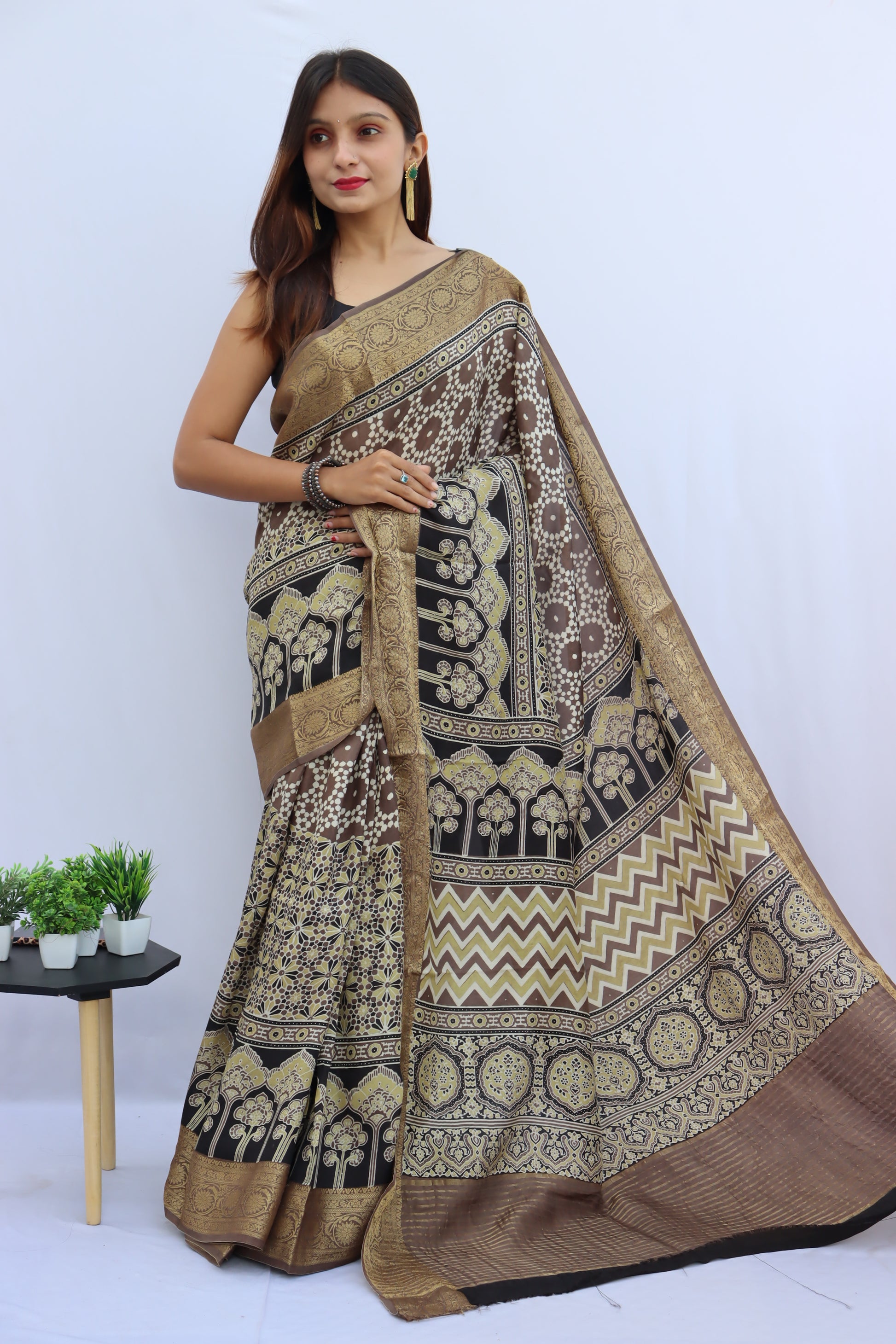 Ajrakh Dola Silk Saree
