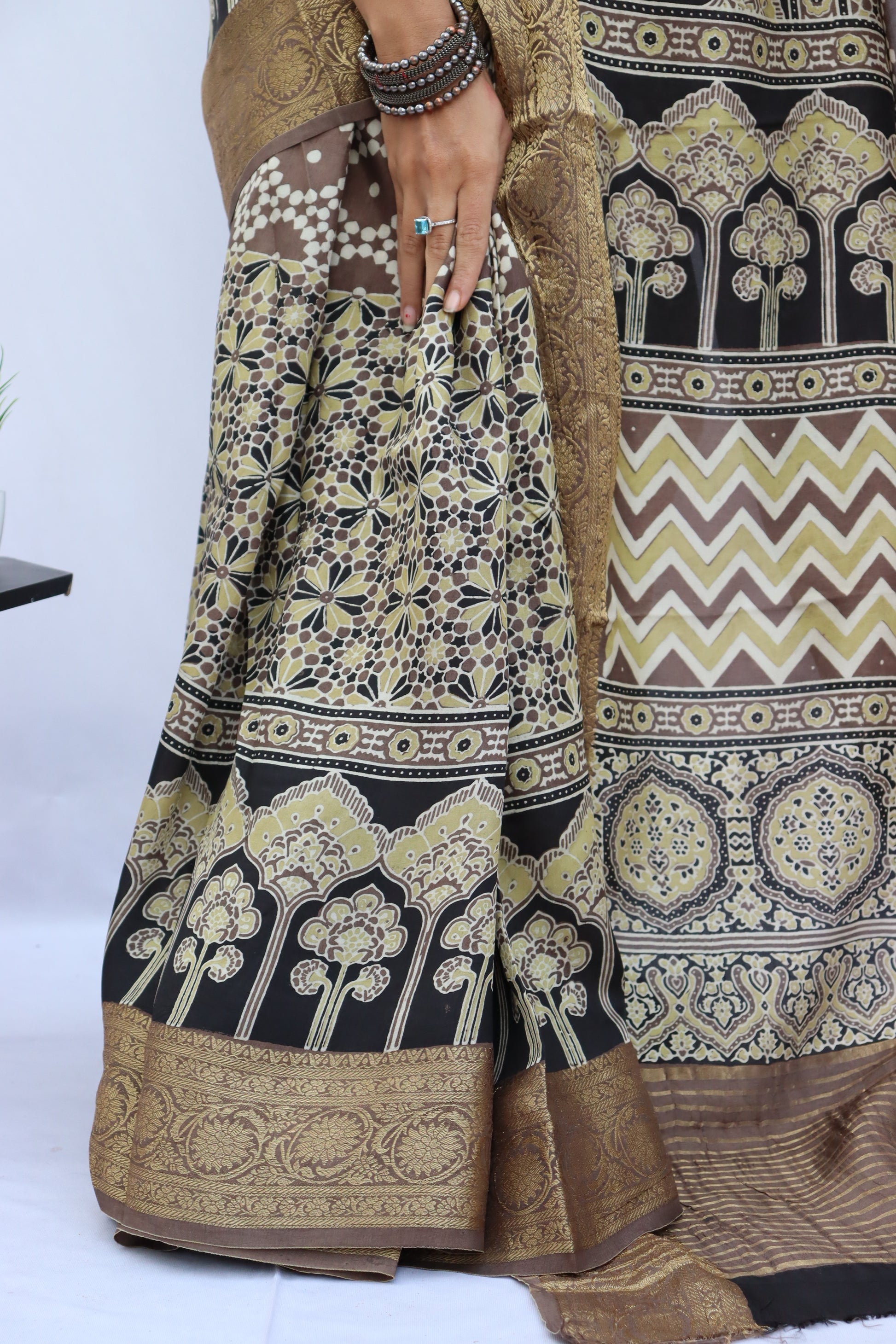 Ajrakh Dola Silk Saree