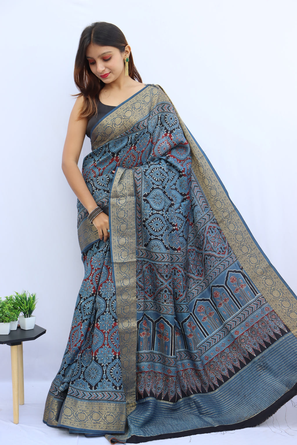 Ajrakh Dola Silk Saree
