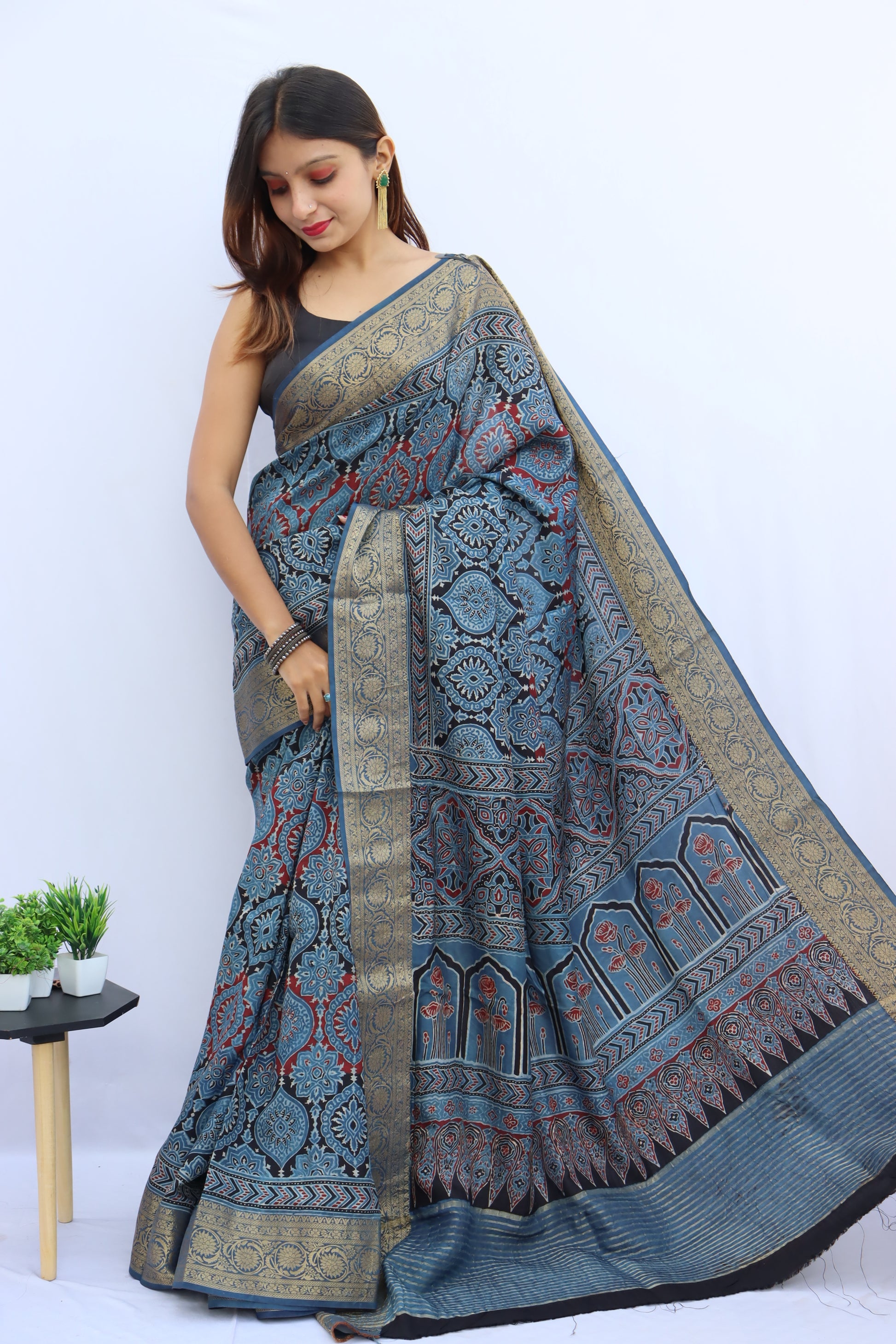 Ajrakh Dola Silk Saree