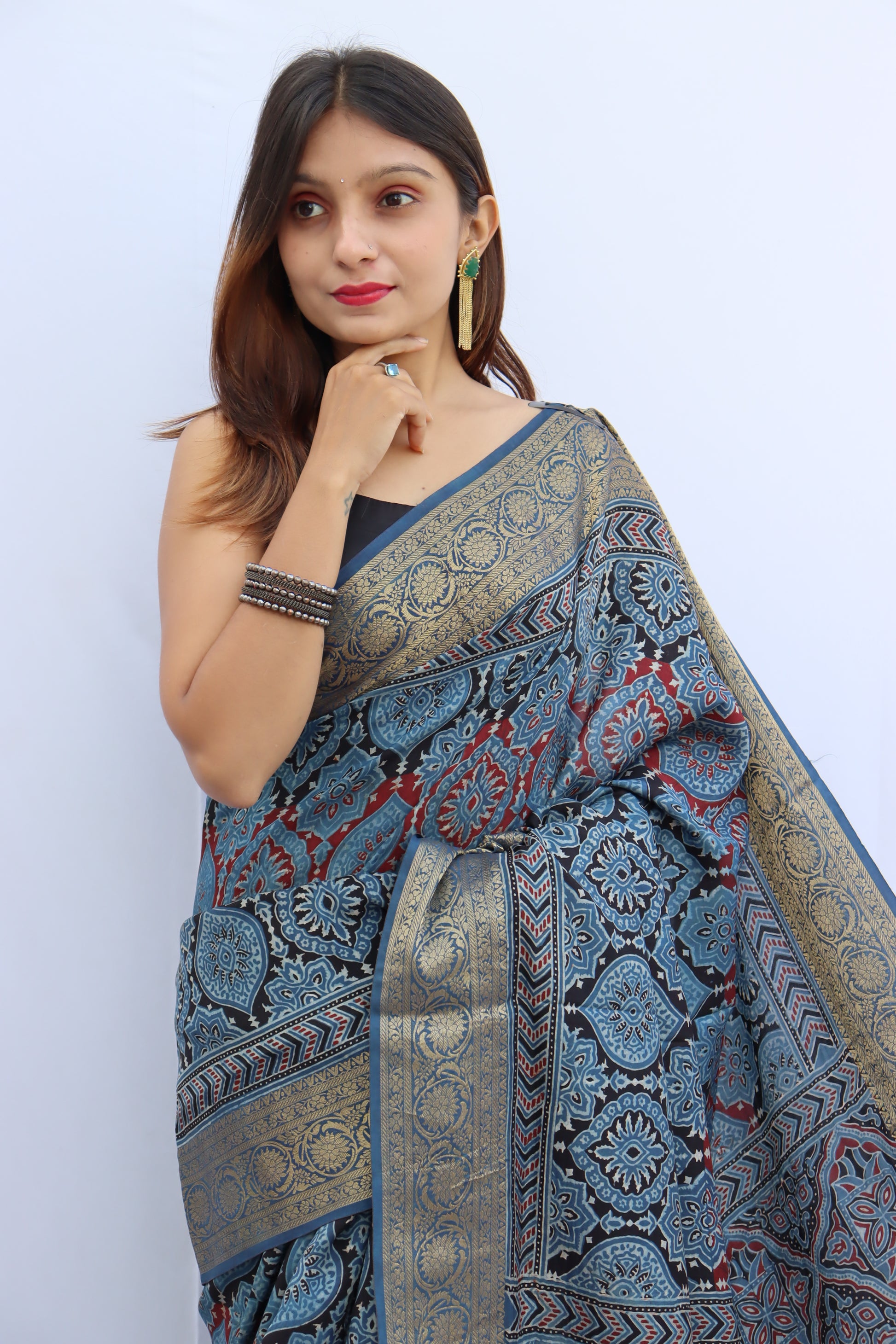Ajrakh Dola Silk Saree