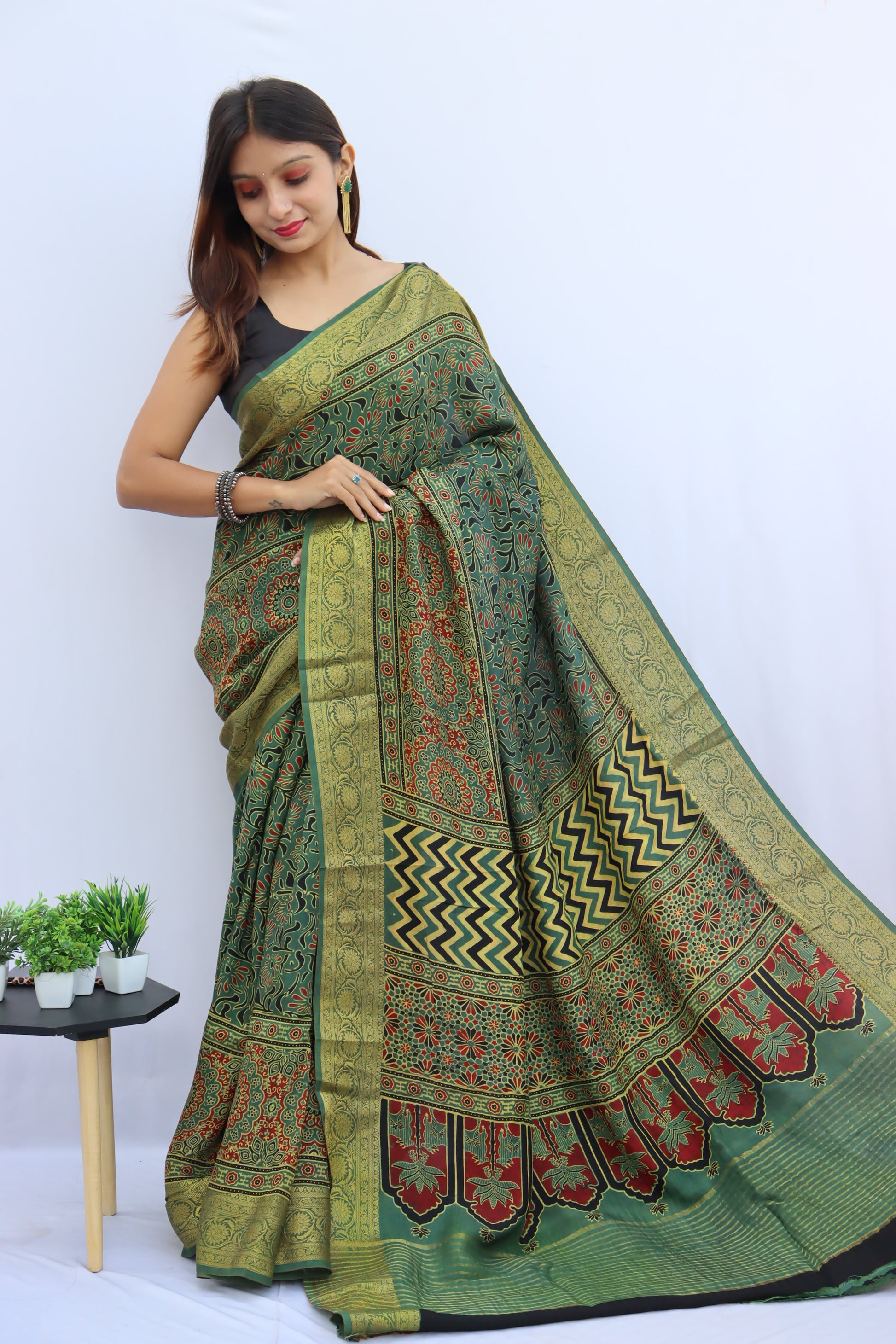 Ajrakh Dola Silk Saree