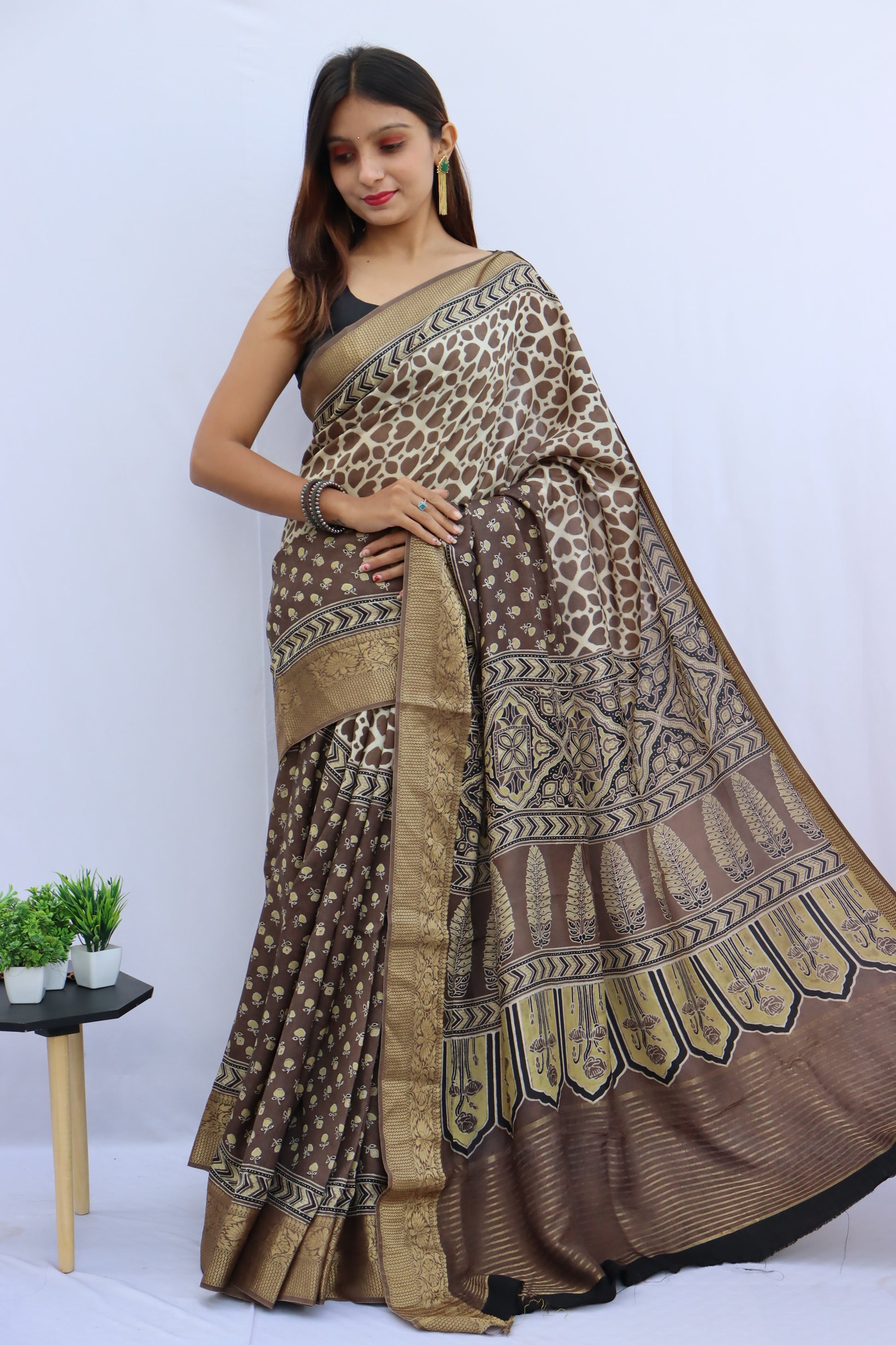 Ajrakh Dola Silk Saree