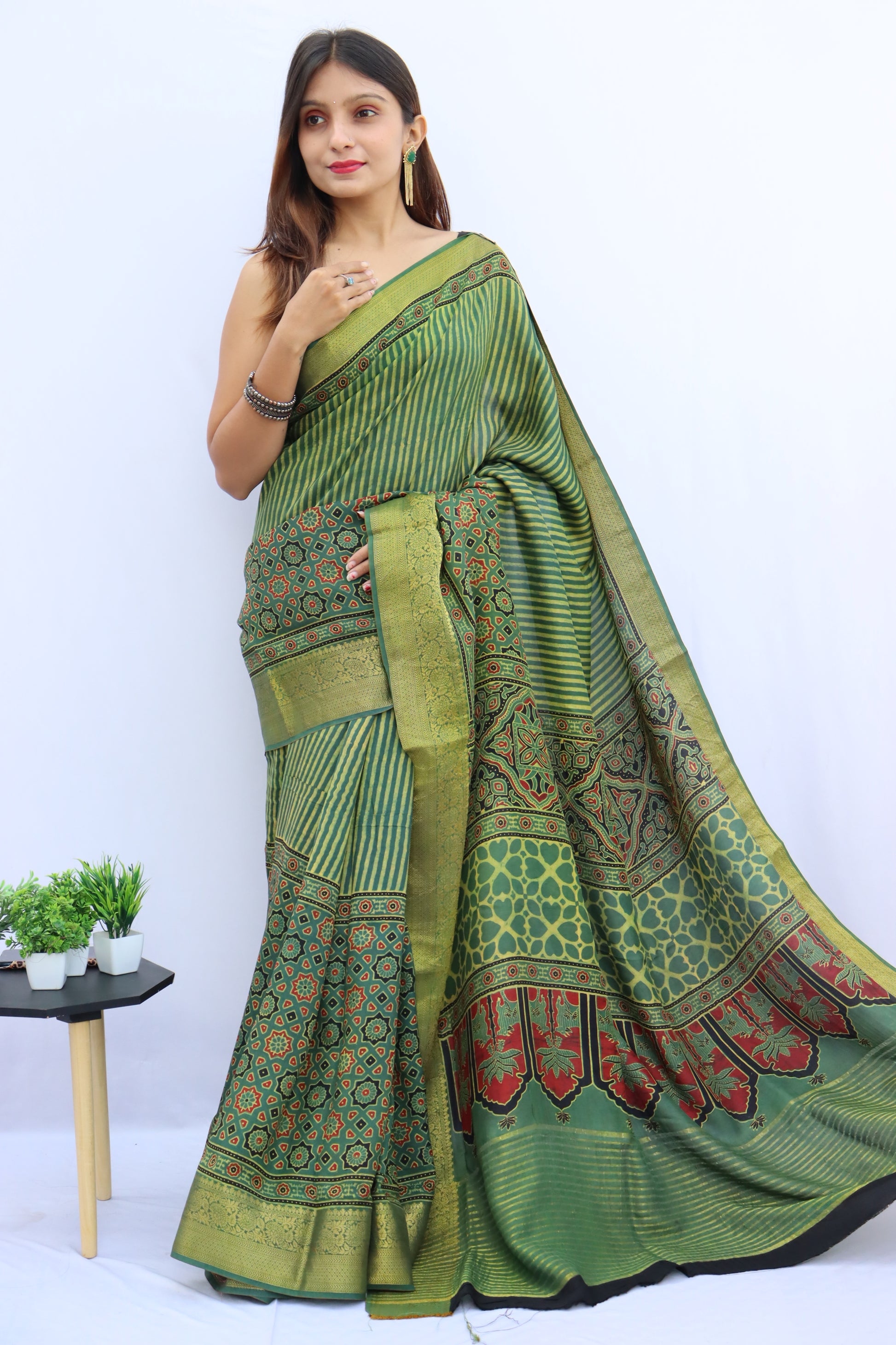 Ajrakh Dola Silk Saree