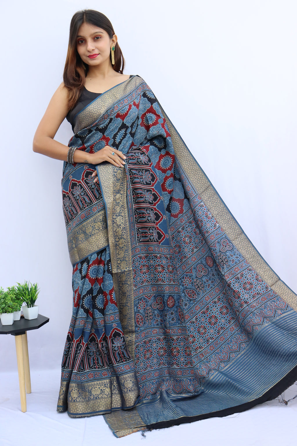 Ajrakh Dola Silk Saree