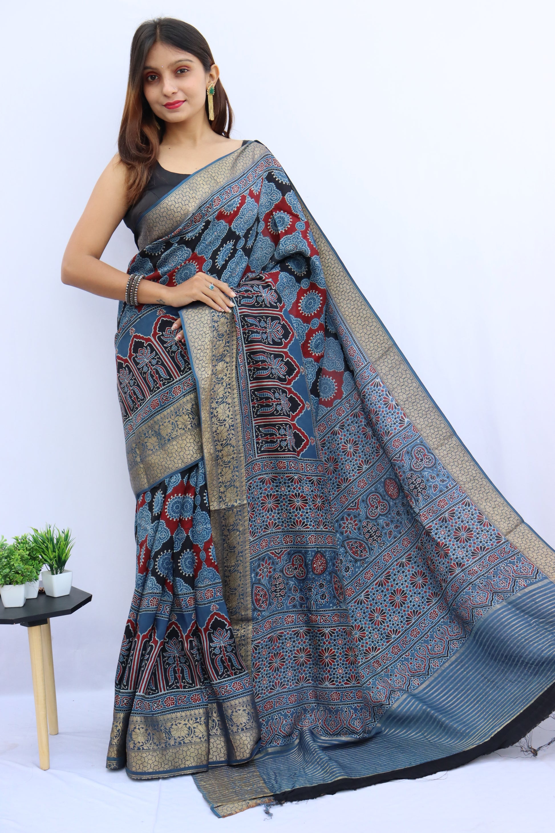 Ajrakh Dola Silk Saree