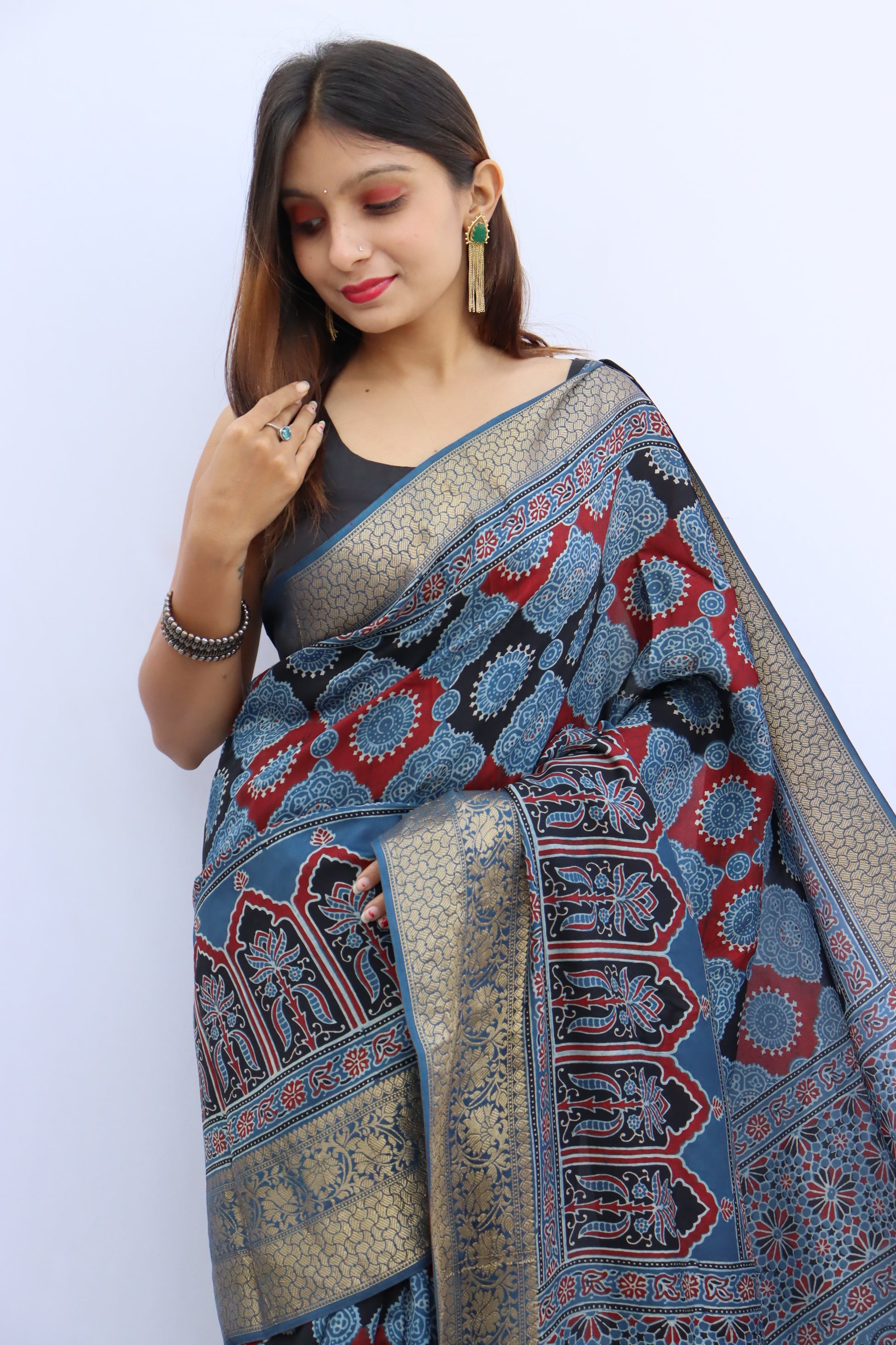 Ajrakh Dola Silk Saree
