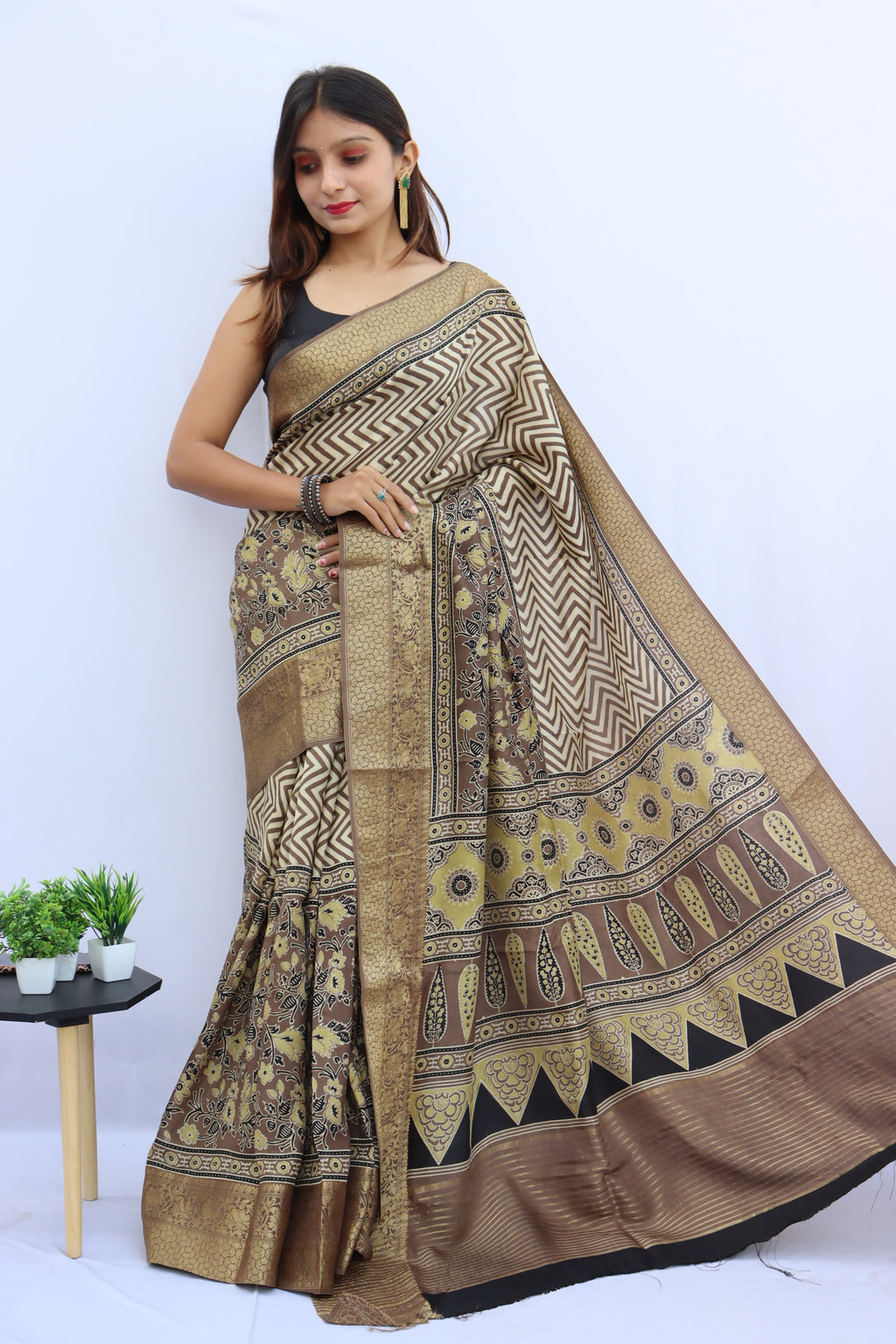 Ajrakh Dola Silk Saree