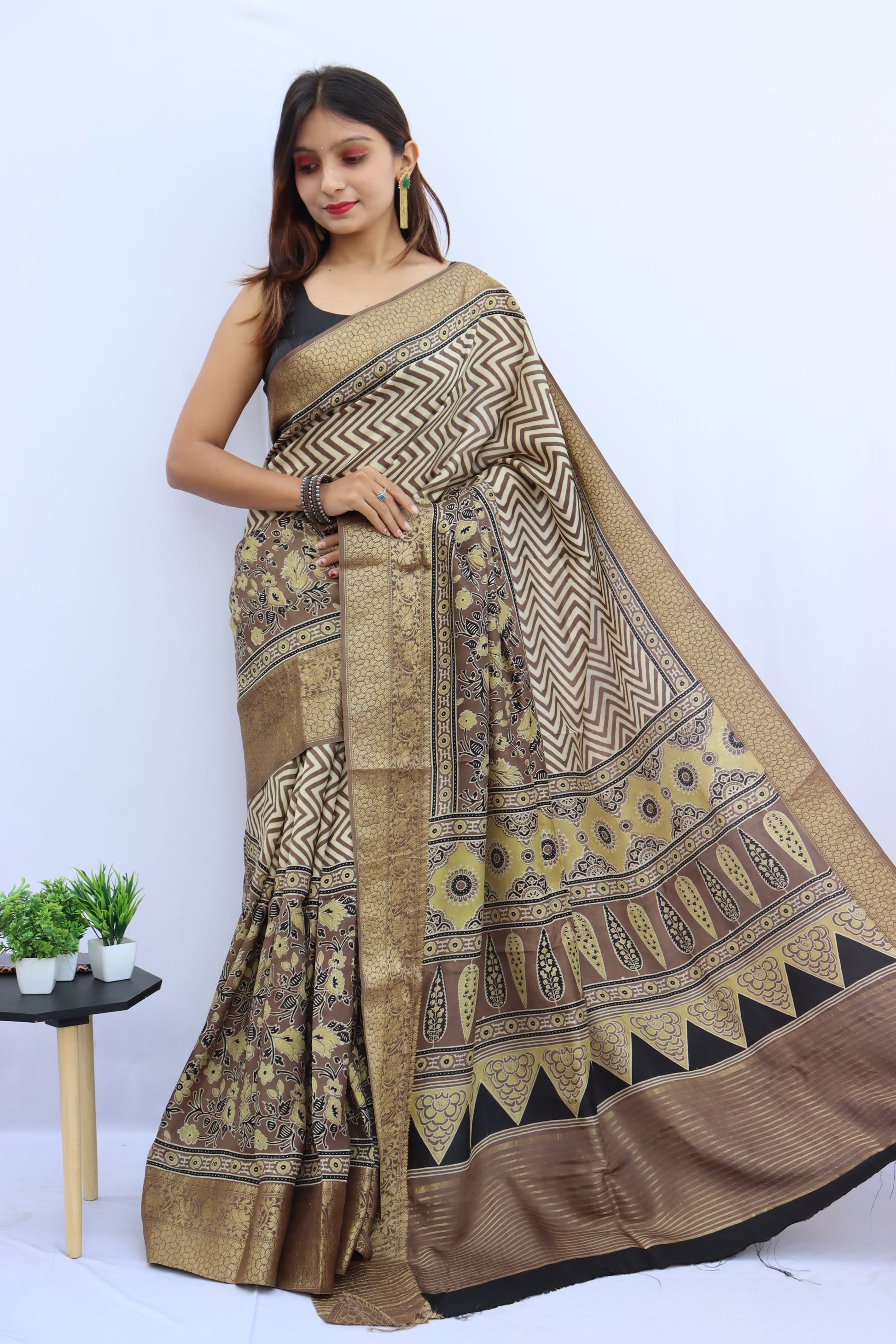 Ajrakh Dola Silk Saree