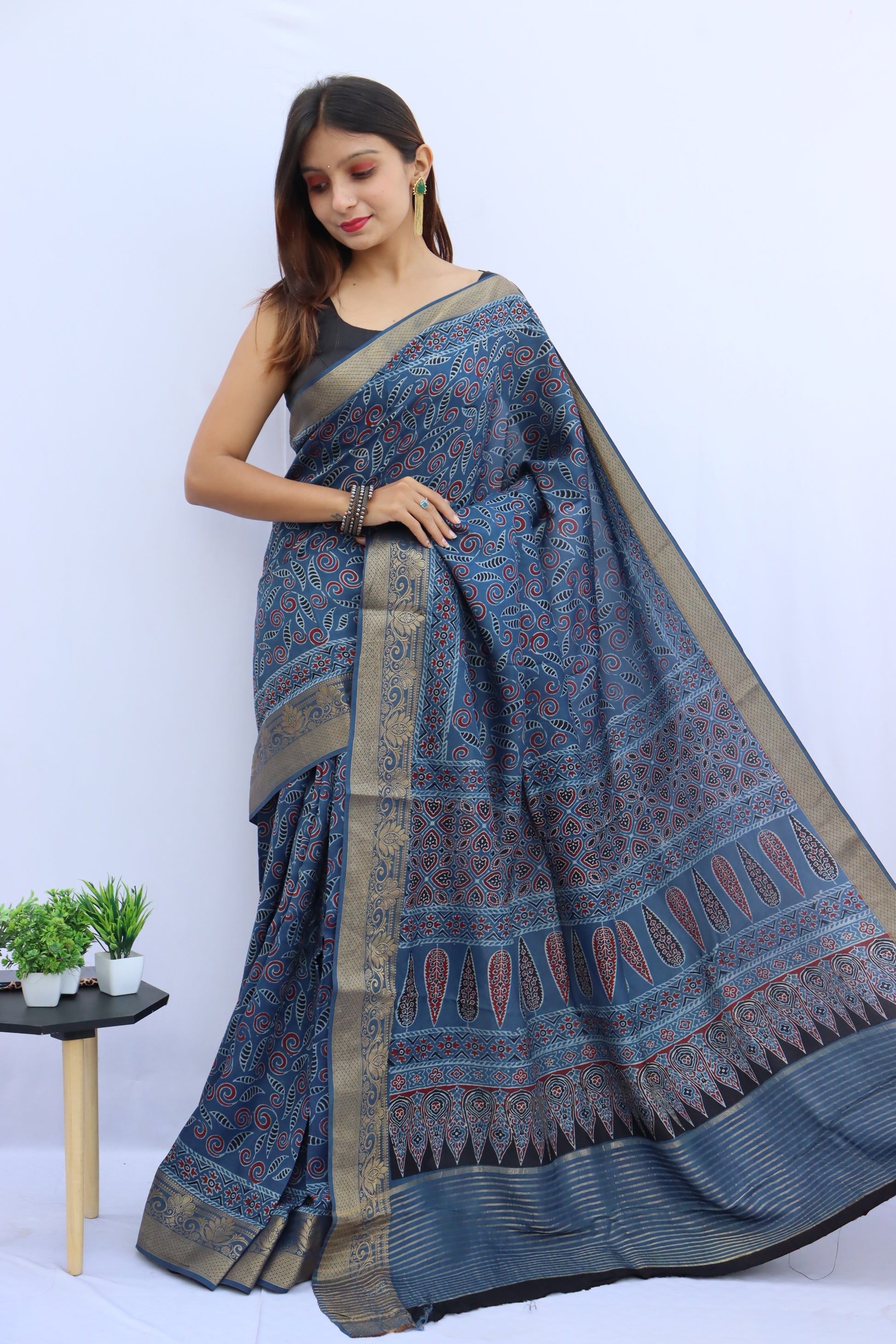 Ajrakh Dola Silk Saree
